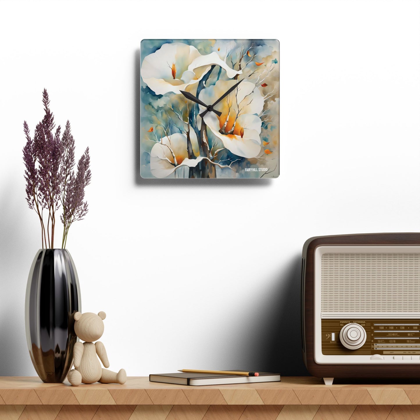 Floral Acrylic Wall Clock - White Calla Lilies Watercolor Art