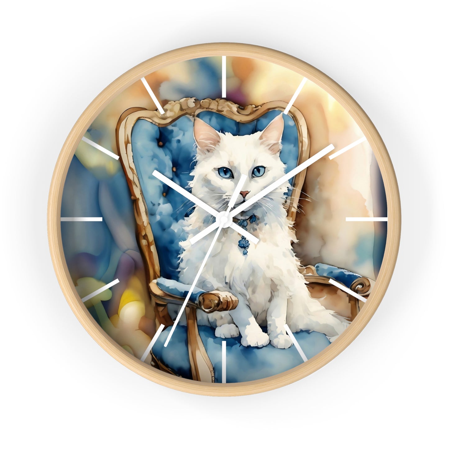 Wall Clock - White Cat with Blue Eyes Art by Fairy Hill Studio