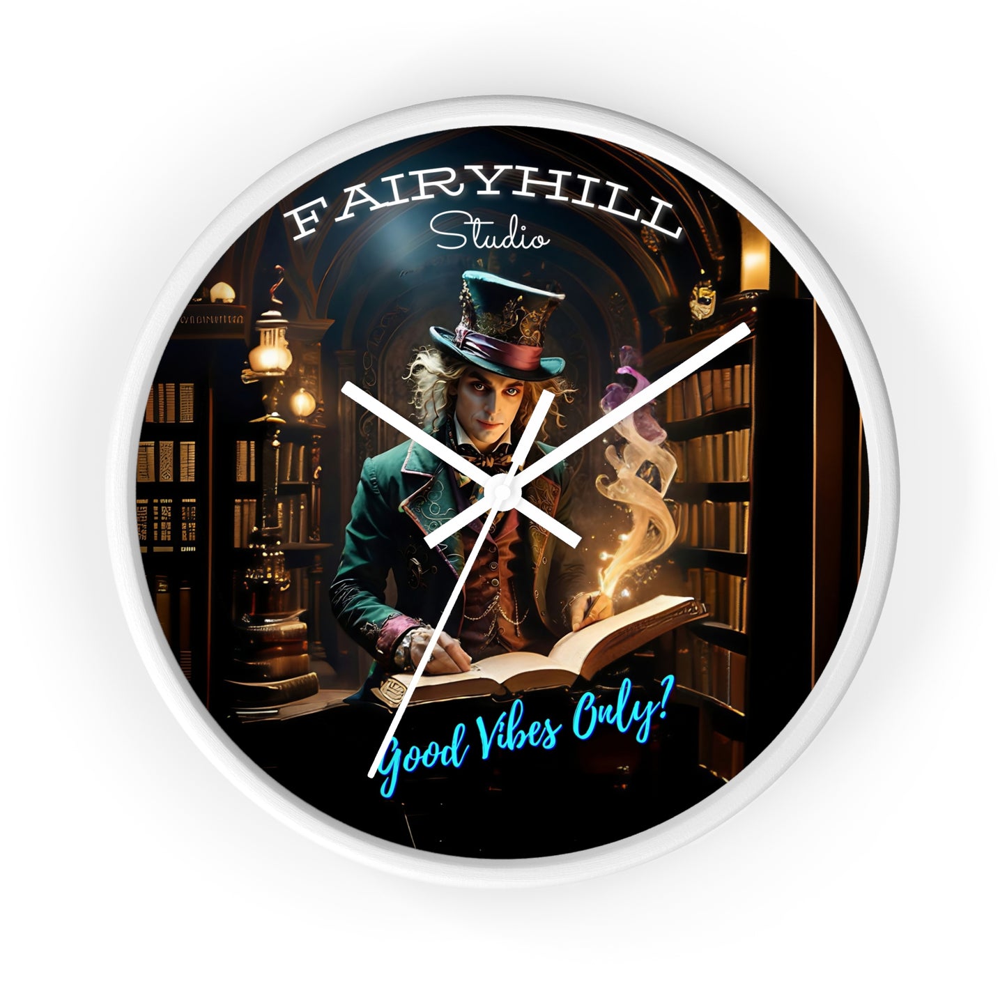 Wall Clock - Good Vibes Only Magician Mad Hatter Harry Potter Style Library Art