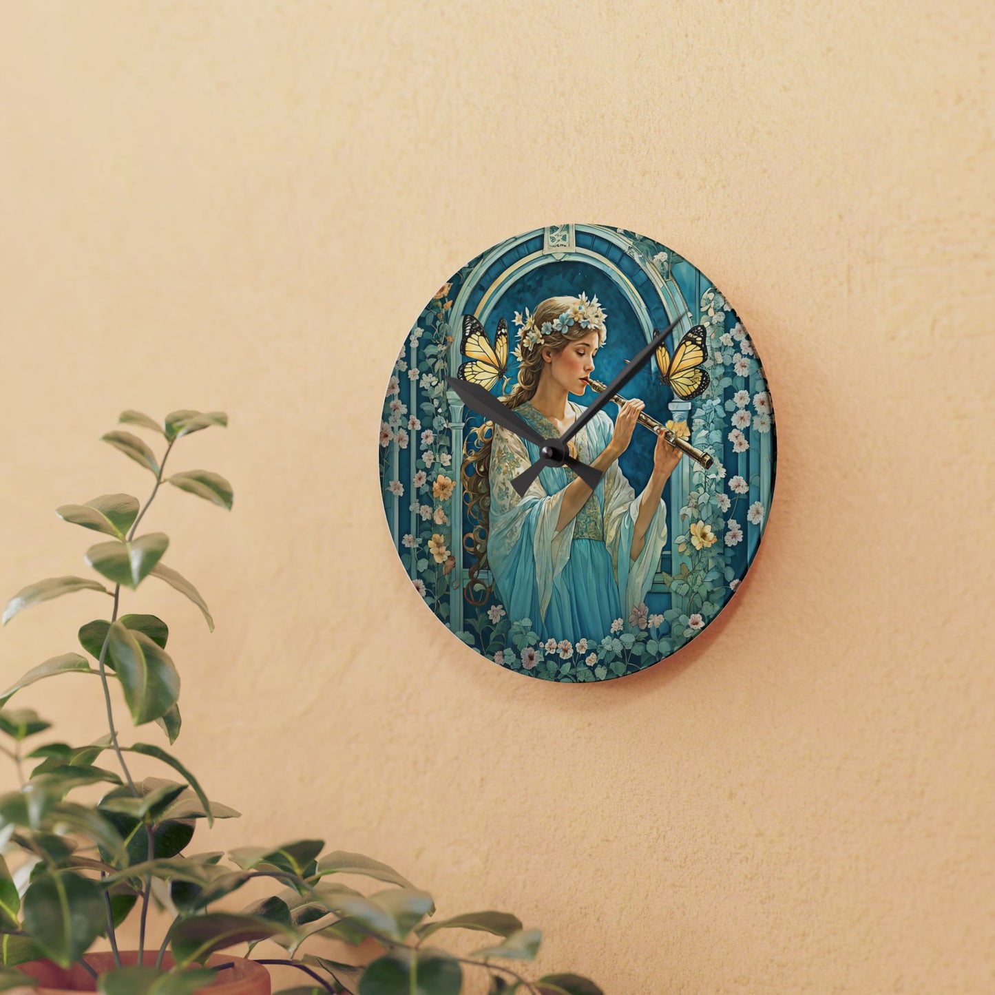 Butterfly / Flute player Acrylic Wall Clock