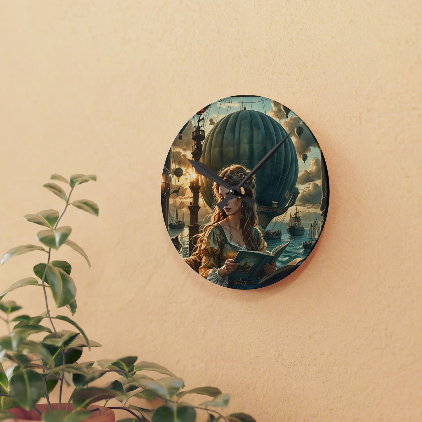 Hot Air Balloons and Girl reading a book to a cat  Acrylic Wall Clock