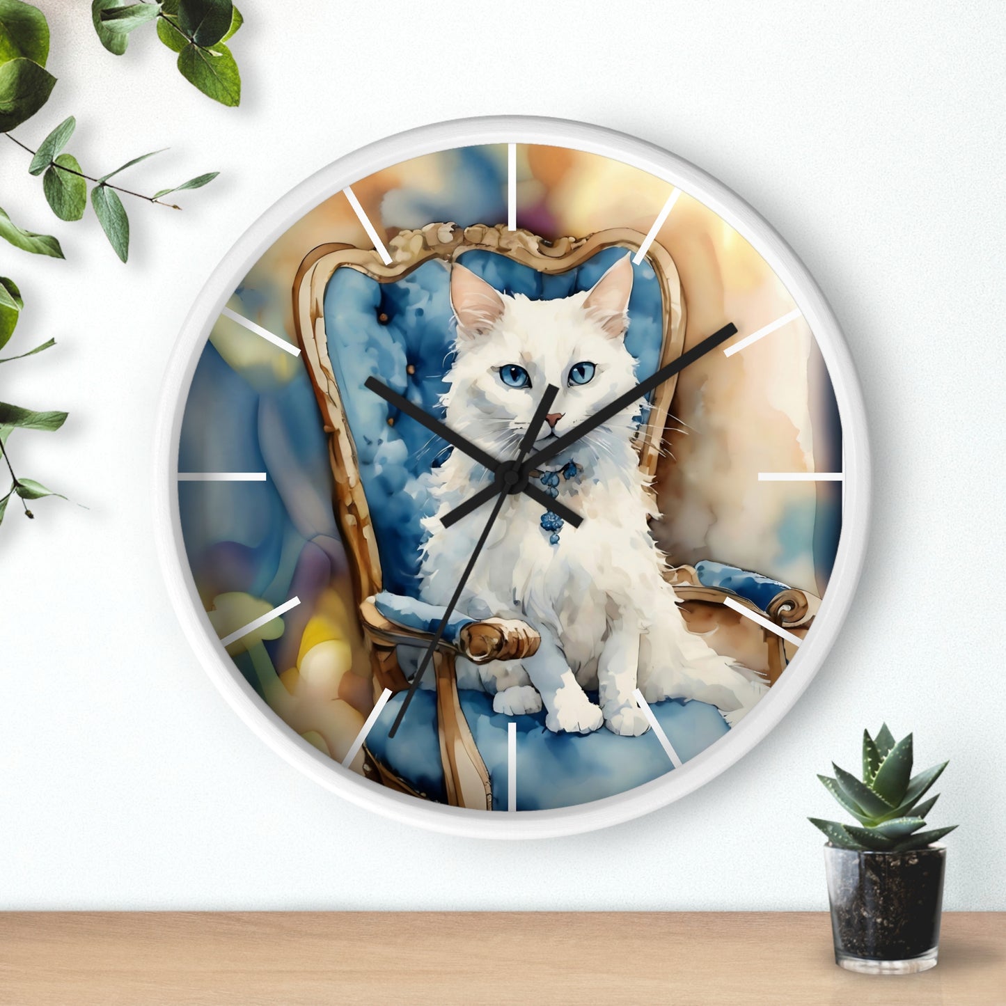 Fairy Hill Studio" White cat "  Wall Clock