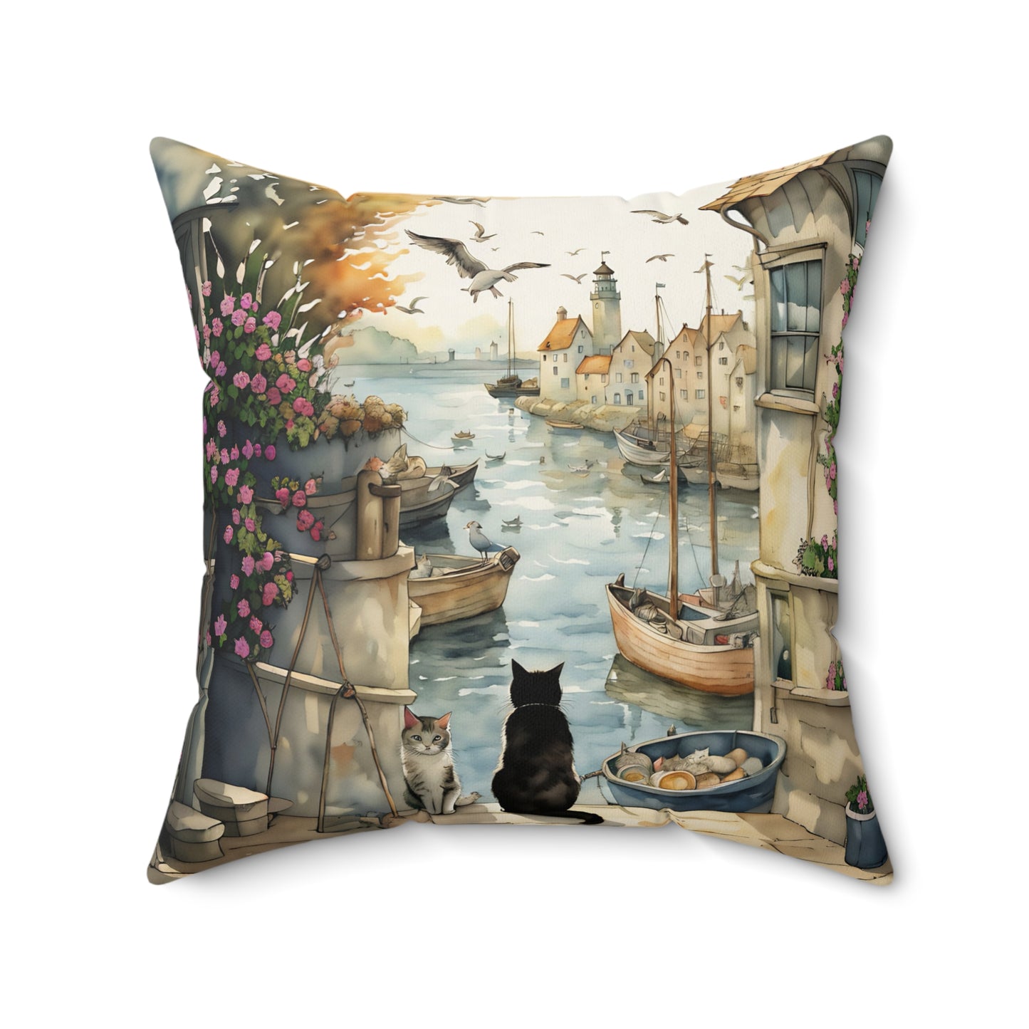 Harbour Cats Square Pillow - by Fairyhill Studio