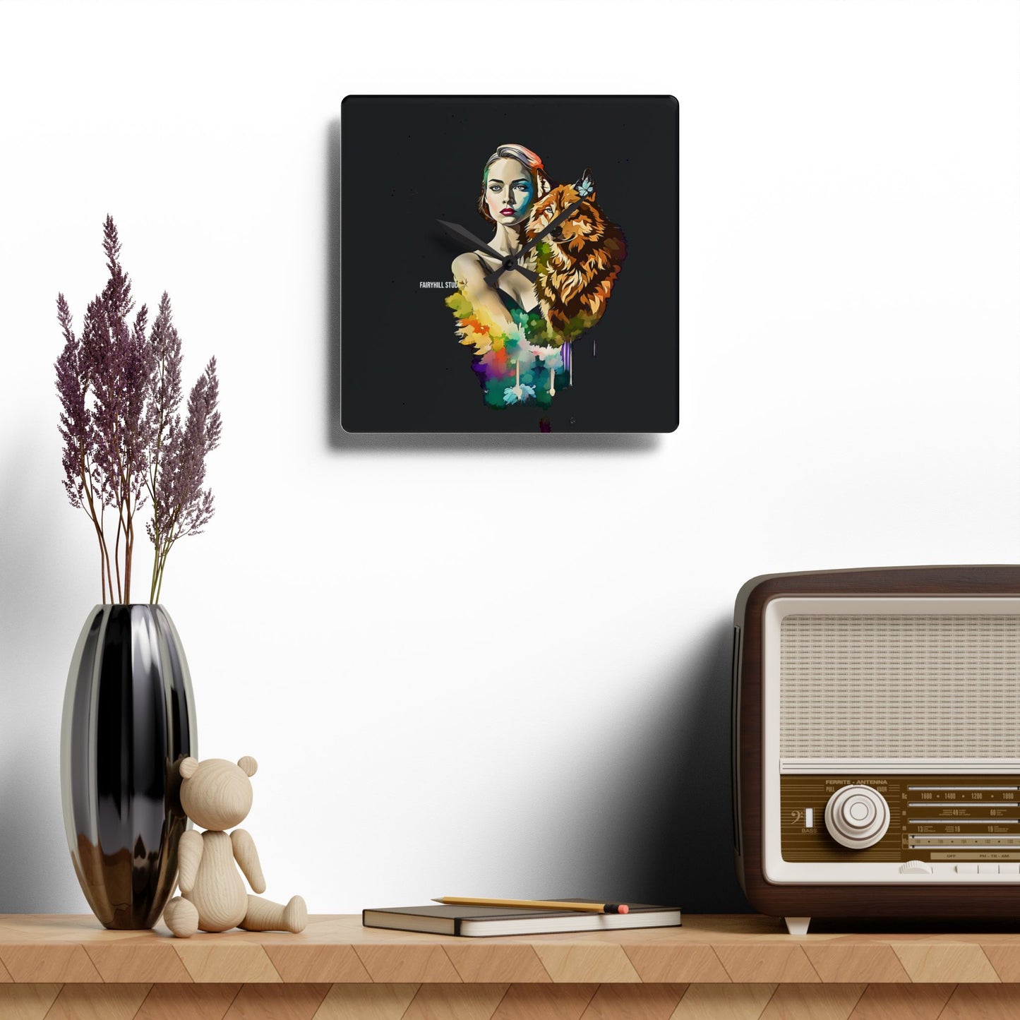 Acrylic Wall Clock -Girl with Spirit Animal Wolf/Art