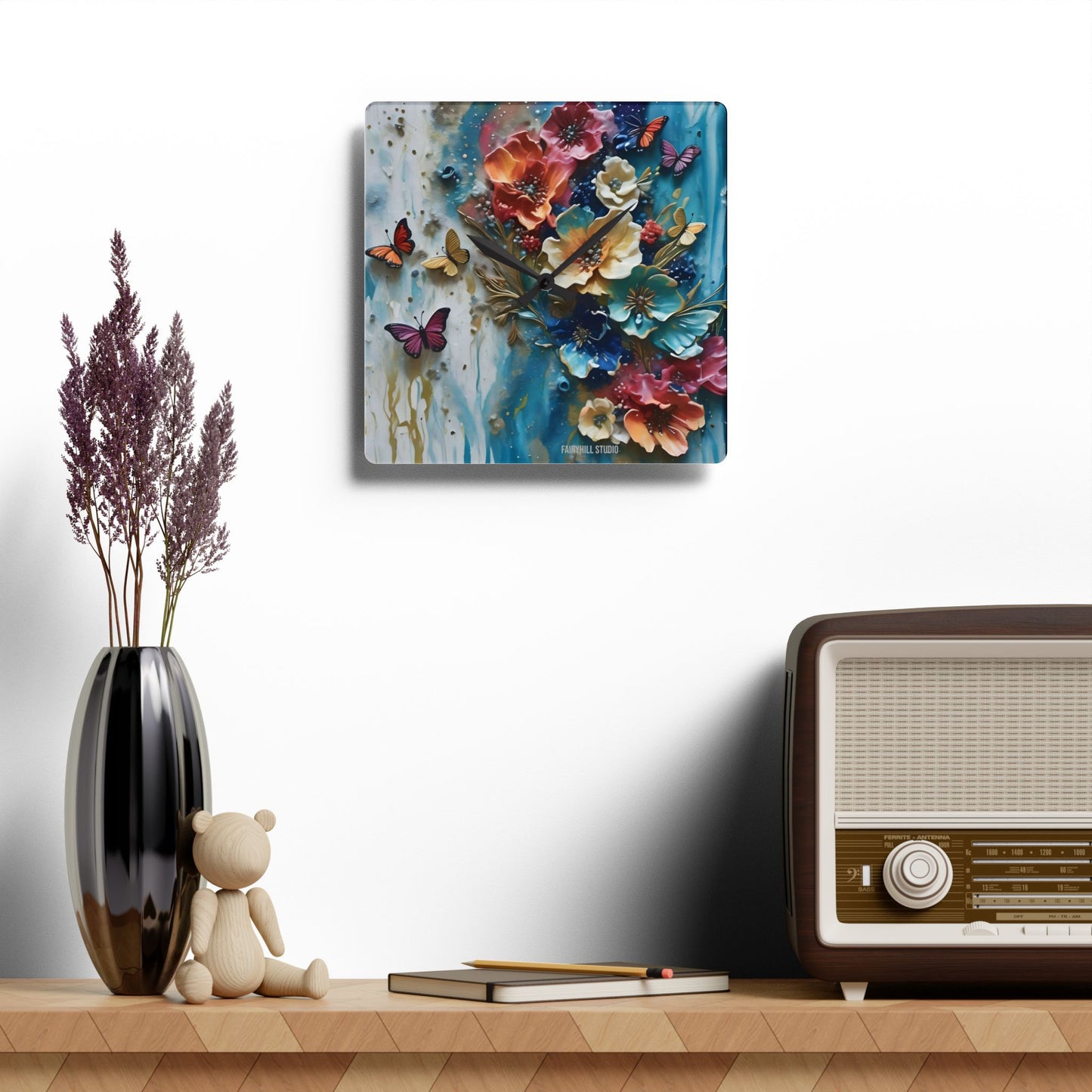 Acrylic Wall Clock - Impasto Flowers