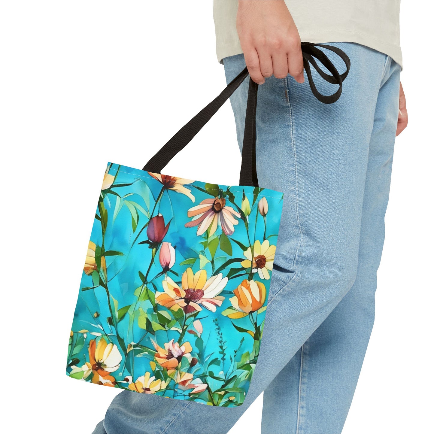 Floral Tote Bag with Wild Peach Color Flowers on Aqua Background
