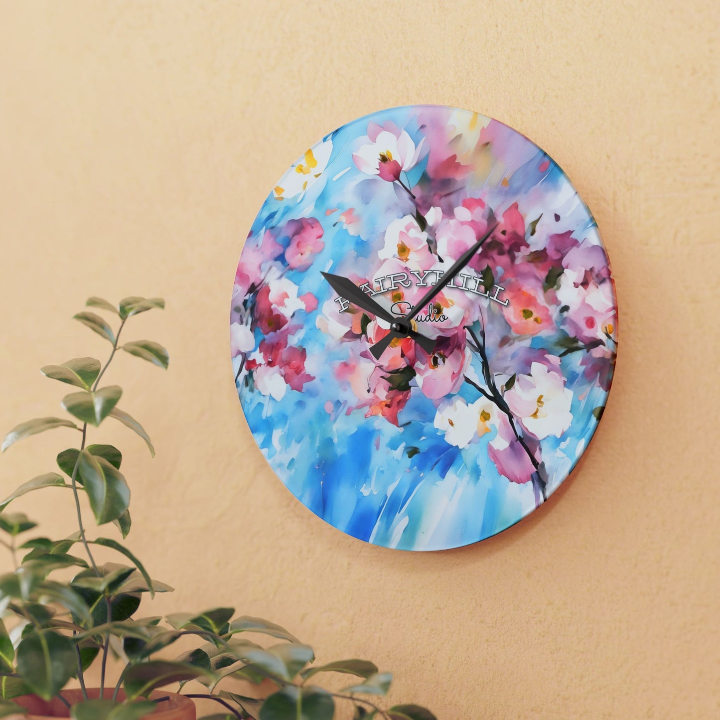Wall Clock - Cherry Flowers Pink and White on Sky Blue Background by Fairyhill Studio