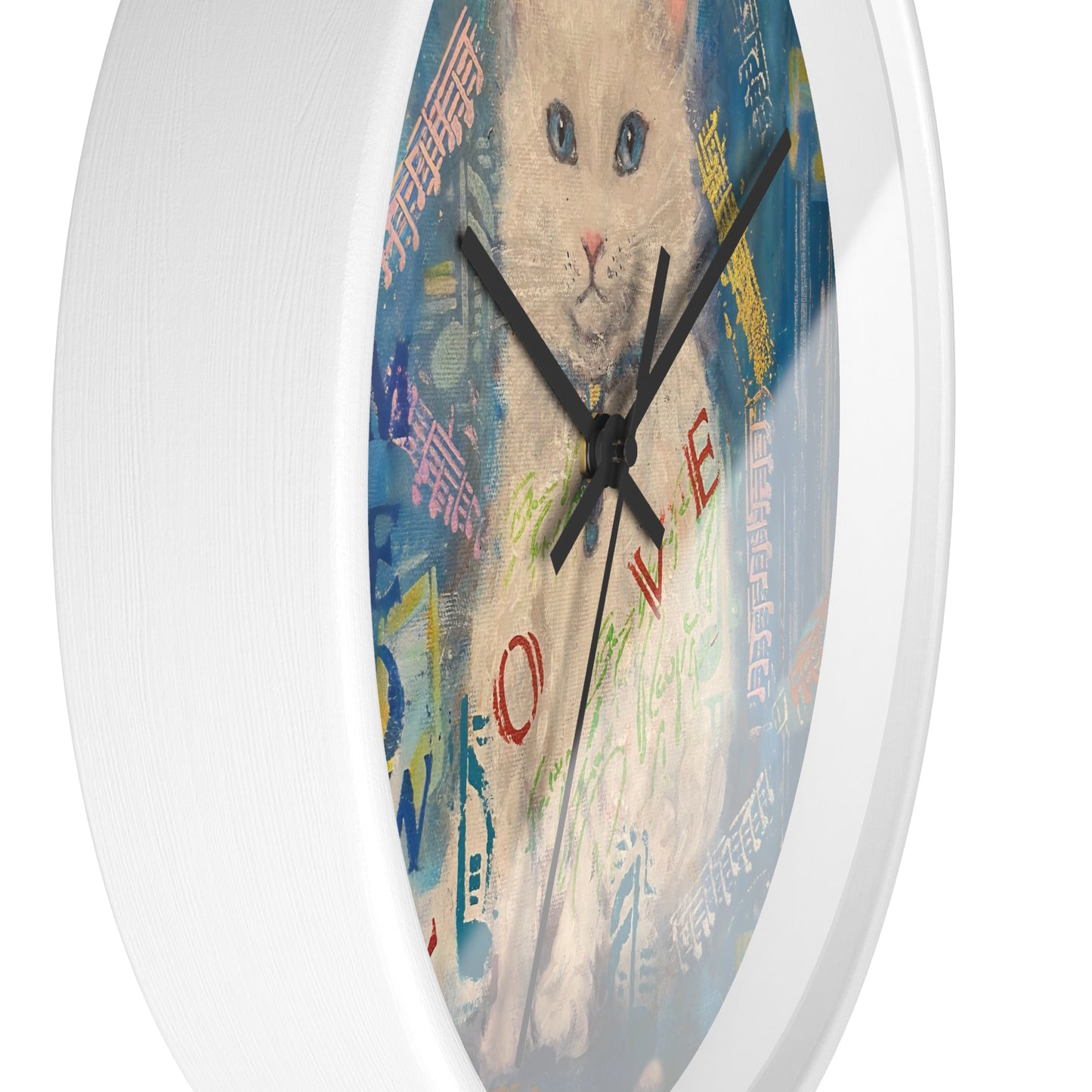 Cat Wall Clock - Lovely White Cat with Blue Eyes Art by Fairyhill Studio