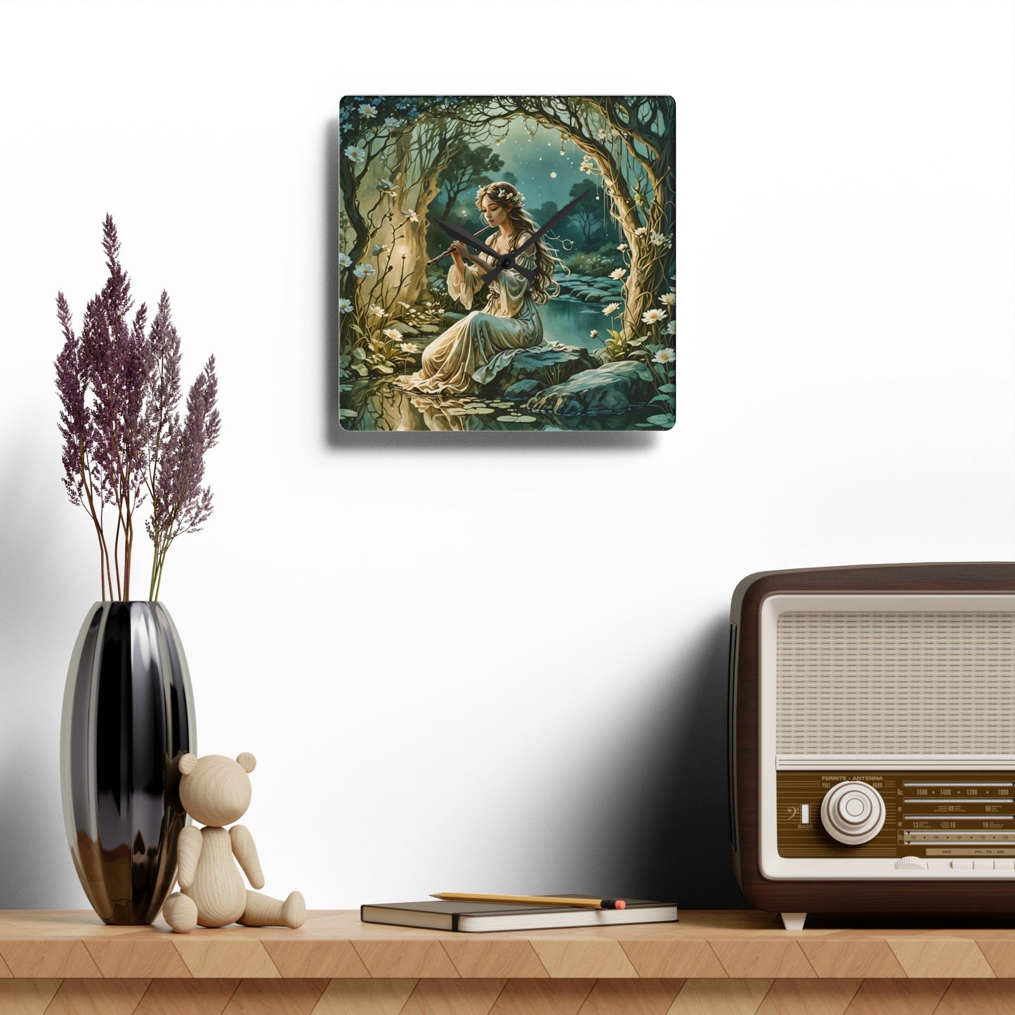 Wall Clock - Enchanting Fairy Nymph Playing Flute by a River Design by Fairyhill Studio