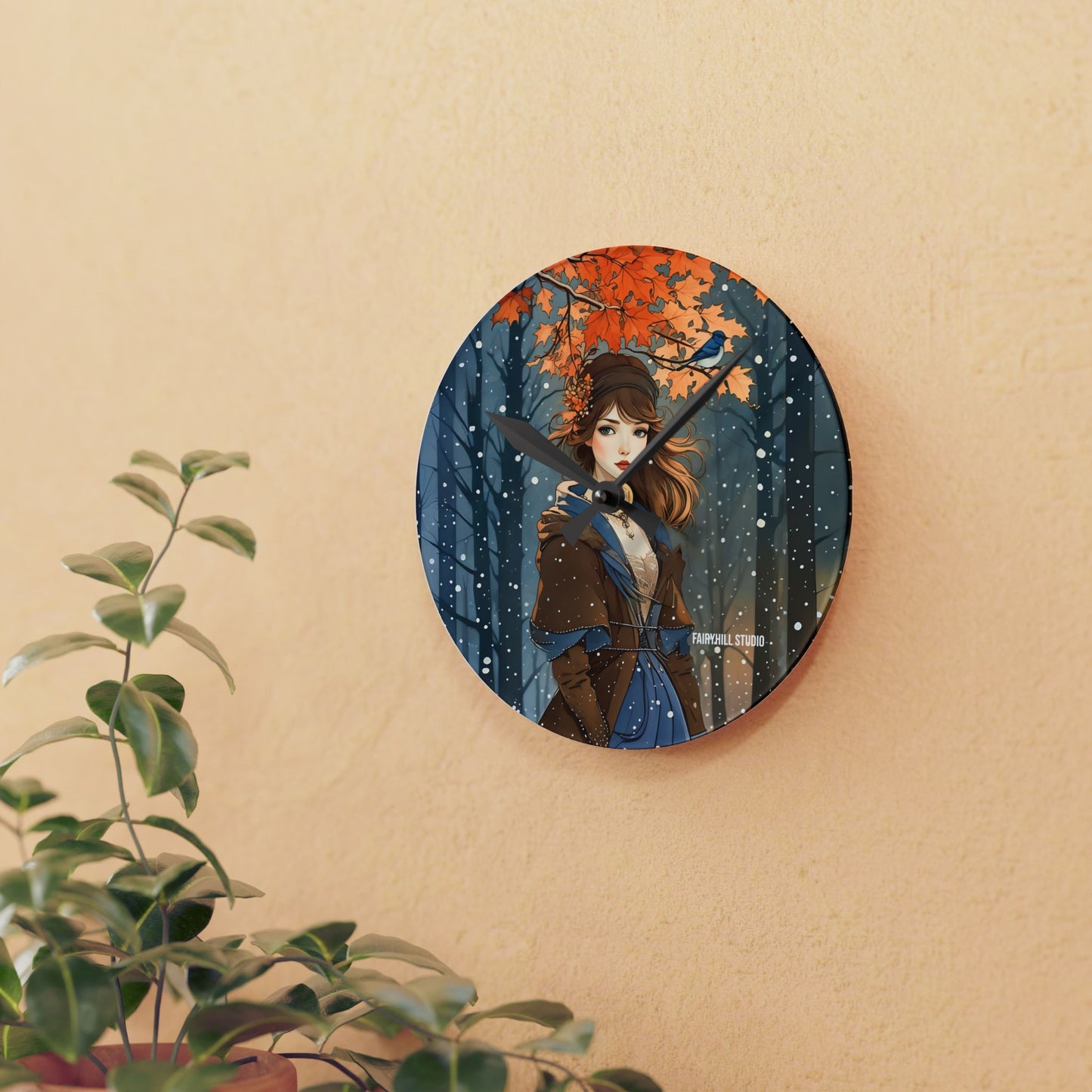Acrylic Wall Clock - Blue Bird and Girl in Winter Clothing - Autumn to Winter Snow Theme
