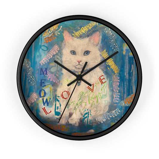 Cat Wall Clock - Lovely White Cat with Blue Eyes Art by Fairyhill Studio