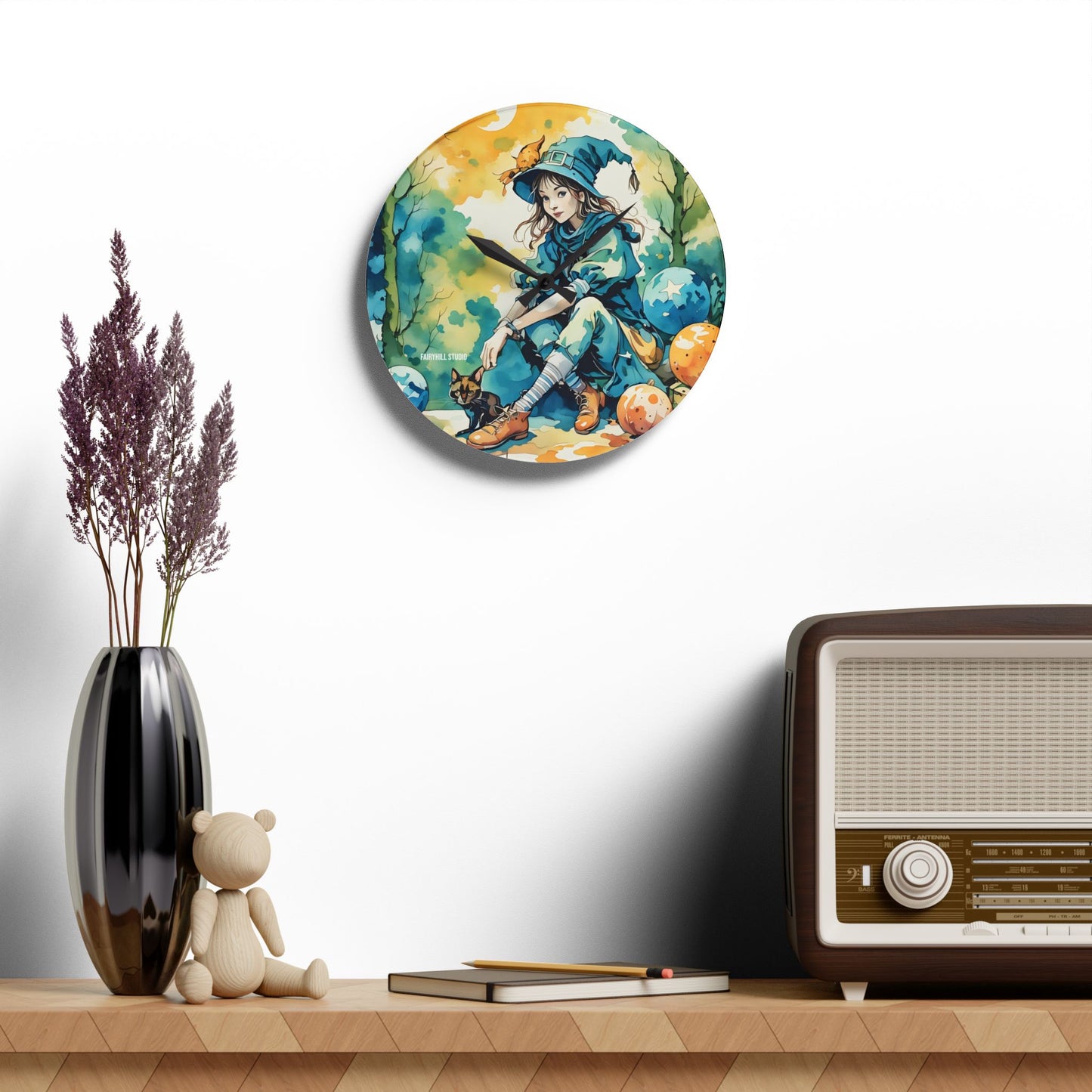 Acrylic Wall Clock -Girl with cat Art