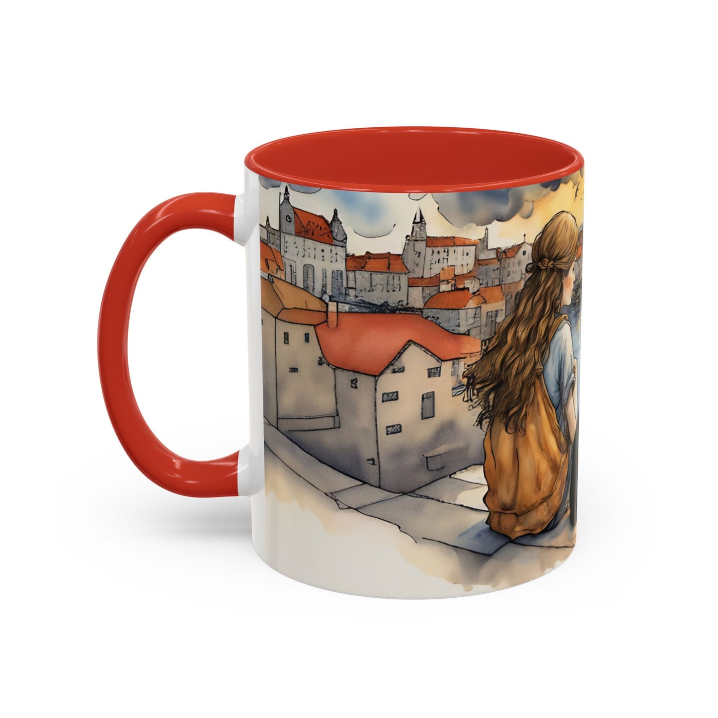 Girl with Black cat on a roof top Art-Themed Coffee Mug - 11 & 15oz Accent Mug for Musroom  Fsiry Lovers