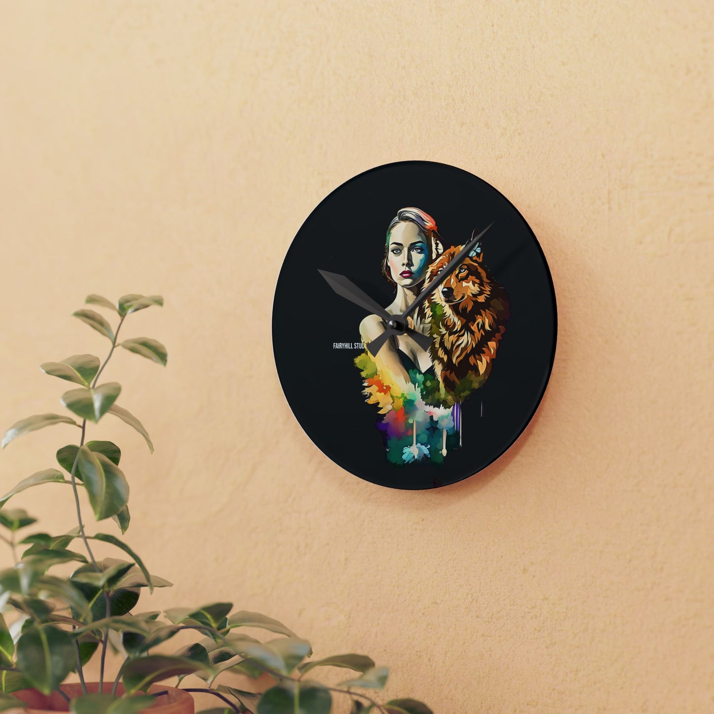 Acrylic Wall Clock -Girl with Spirit Animal Wolf/Art