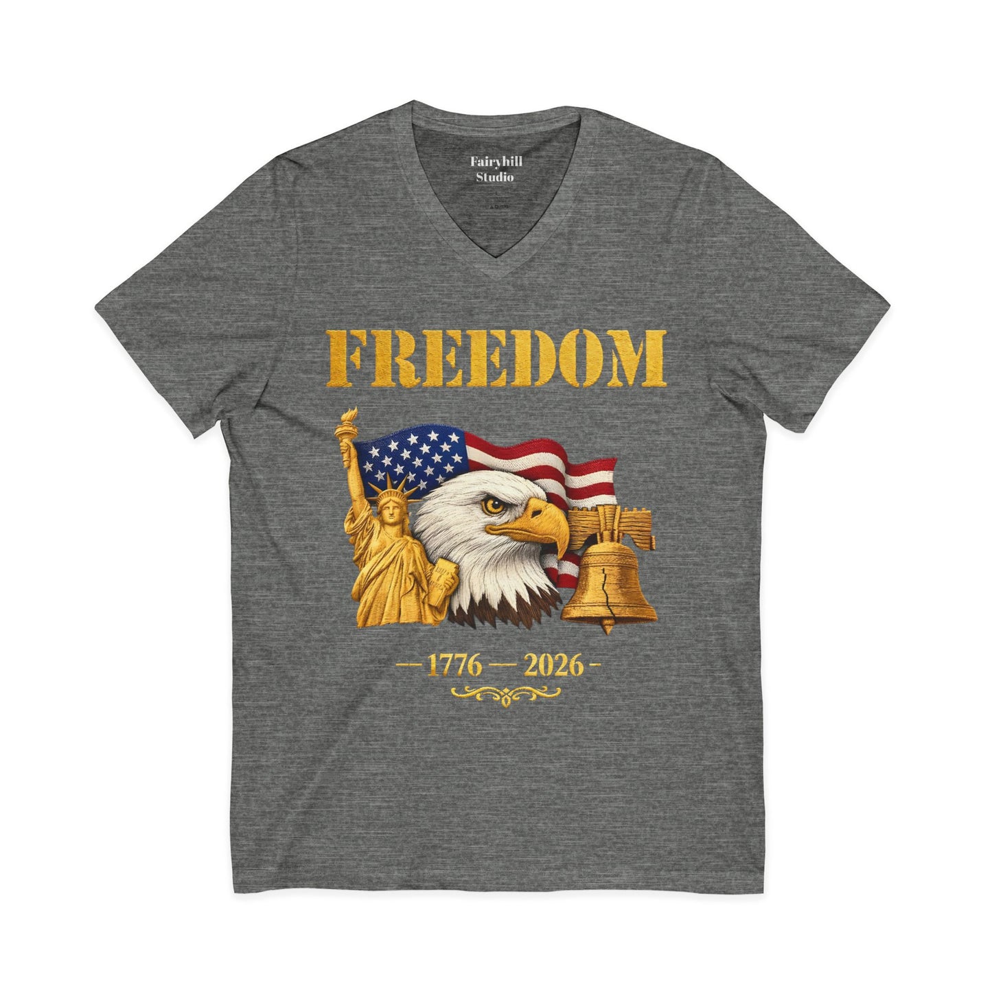Freedom 1776–2026 Patriotic V-Neck Tee — Eagle, Flag & Liberty Bell 250th Anniversary