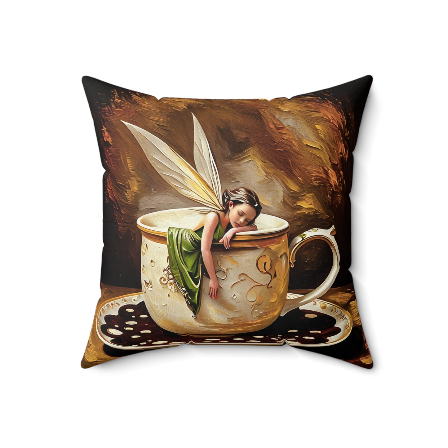 Square Pillow - Coffee cup/Fairy  Pillow Art by Fairyhill Studio