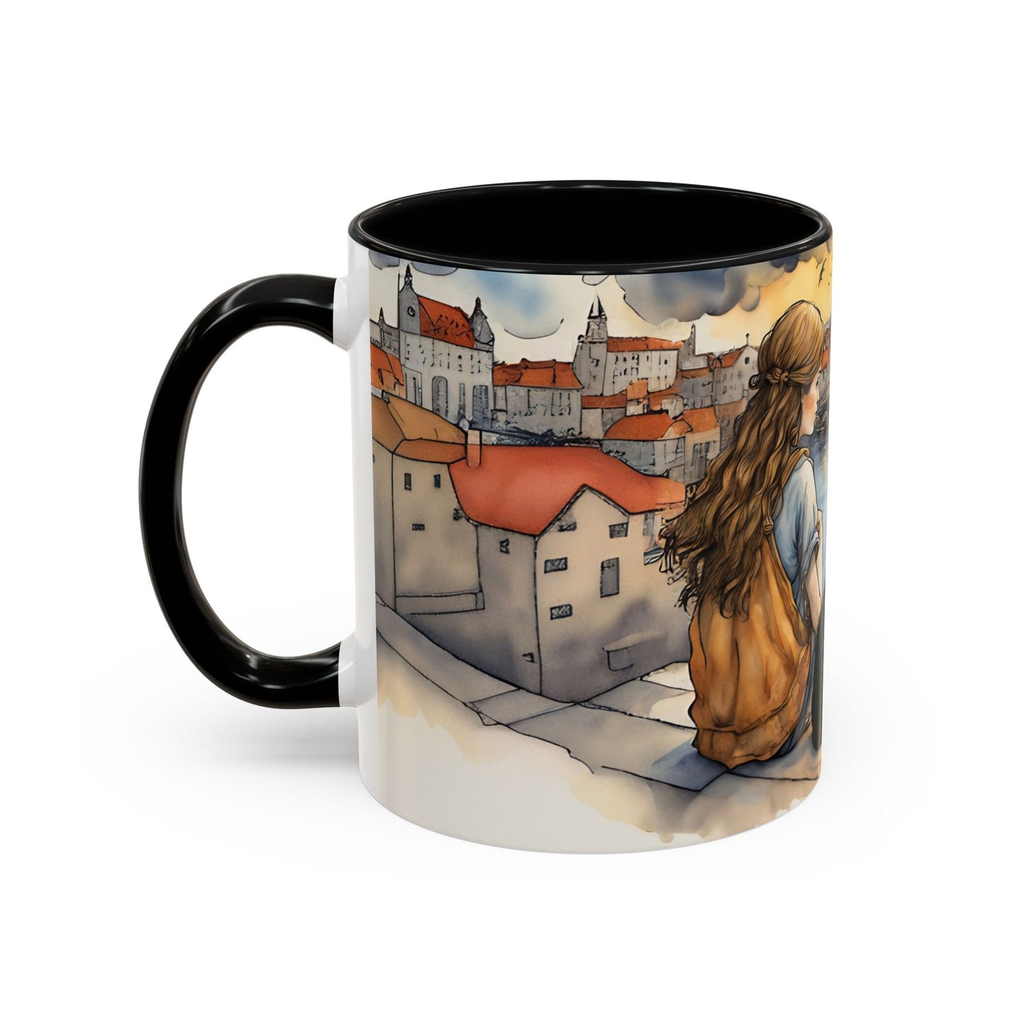 Girl with Black cat on a roof top Art-Themed Coffee Mug - 11 & 15oz Accent Mug for Musroom  Fsiry Lovers