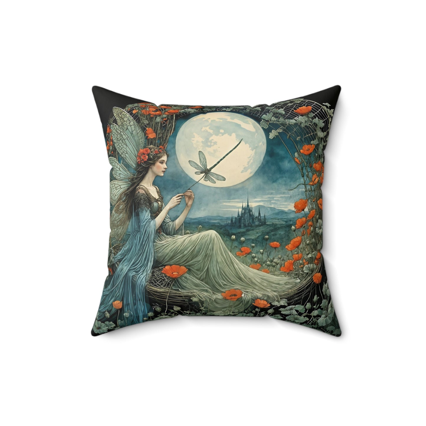 Dragonfly Moon Fairy  Mindfulnes Square Pillow -  by Fairyhill Studio