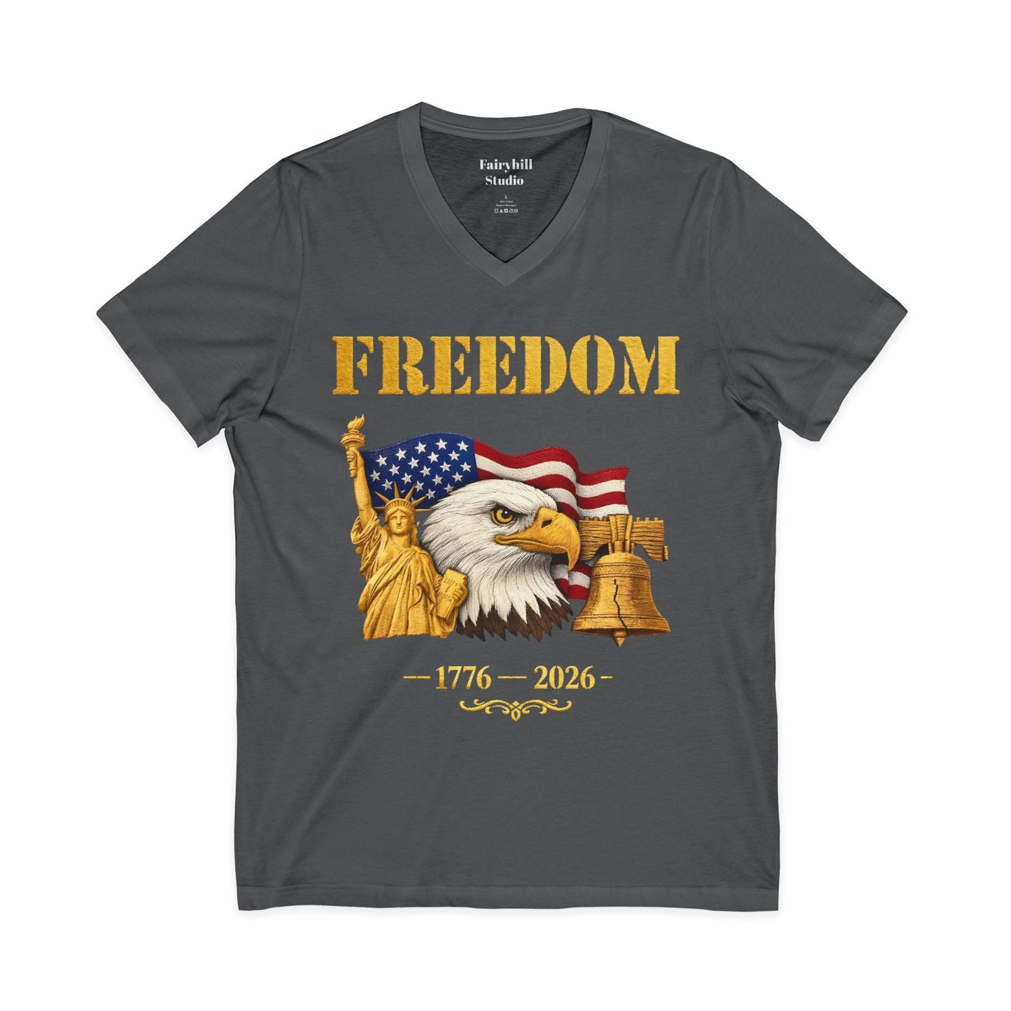 Freedom 1776–2026 Patriotic V-Neck Tee — Eagle, Flag & Liberty Bell 250th Anniversary