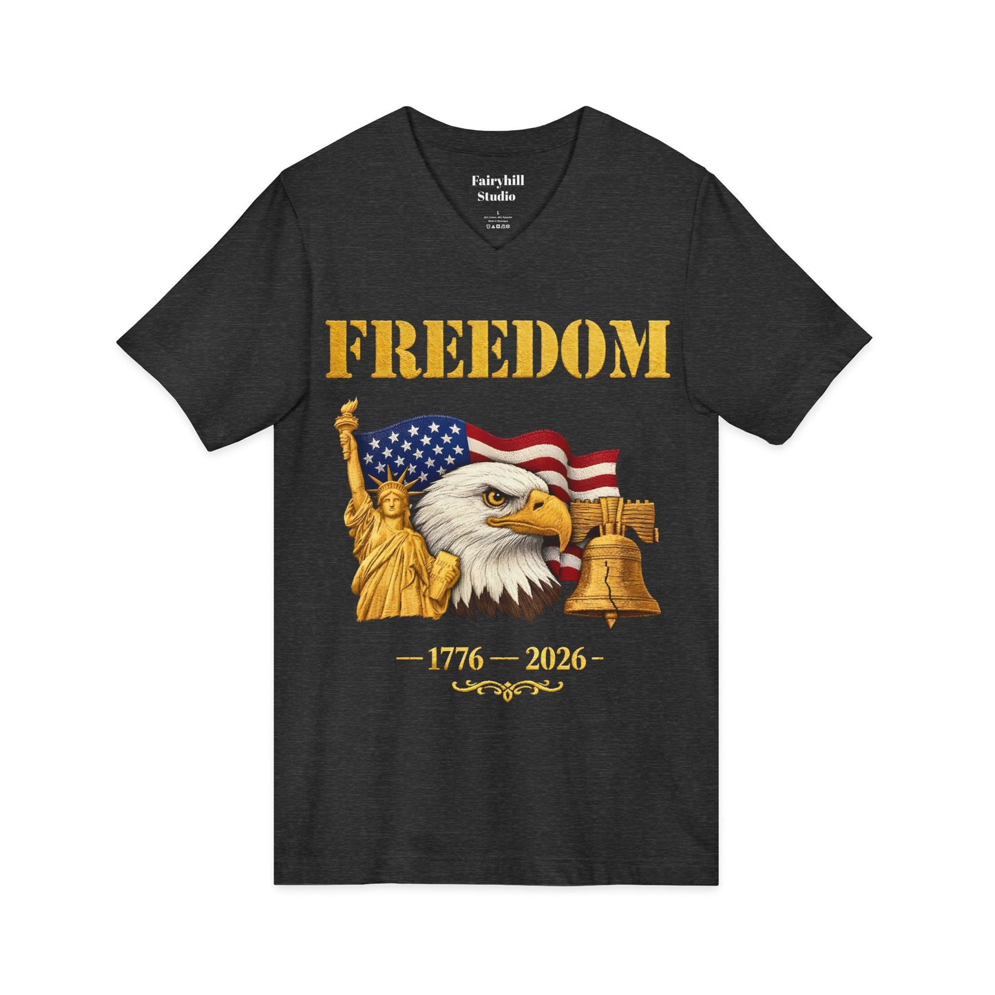 Freedom 1776–2026 Patriotic V-Neck Tee — Eagle, Flag & Liberty Bell 250th Anniversary