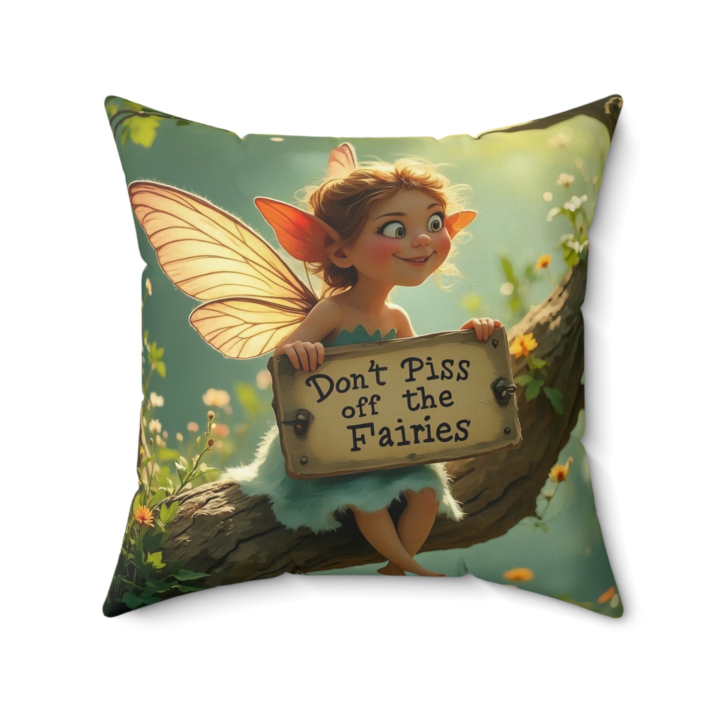 Square Pillow - "Don't Piss Off the Fairies"  Fairy Art Quote  by Fairyhill Studio
