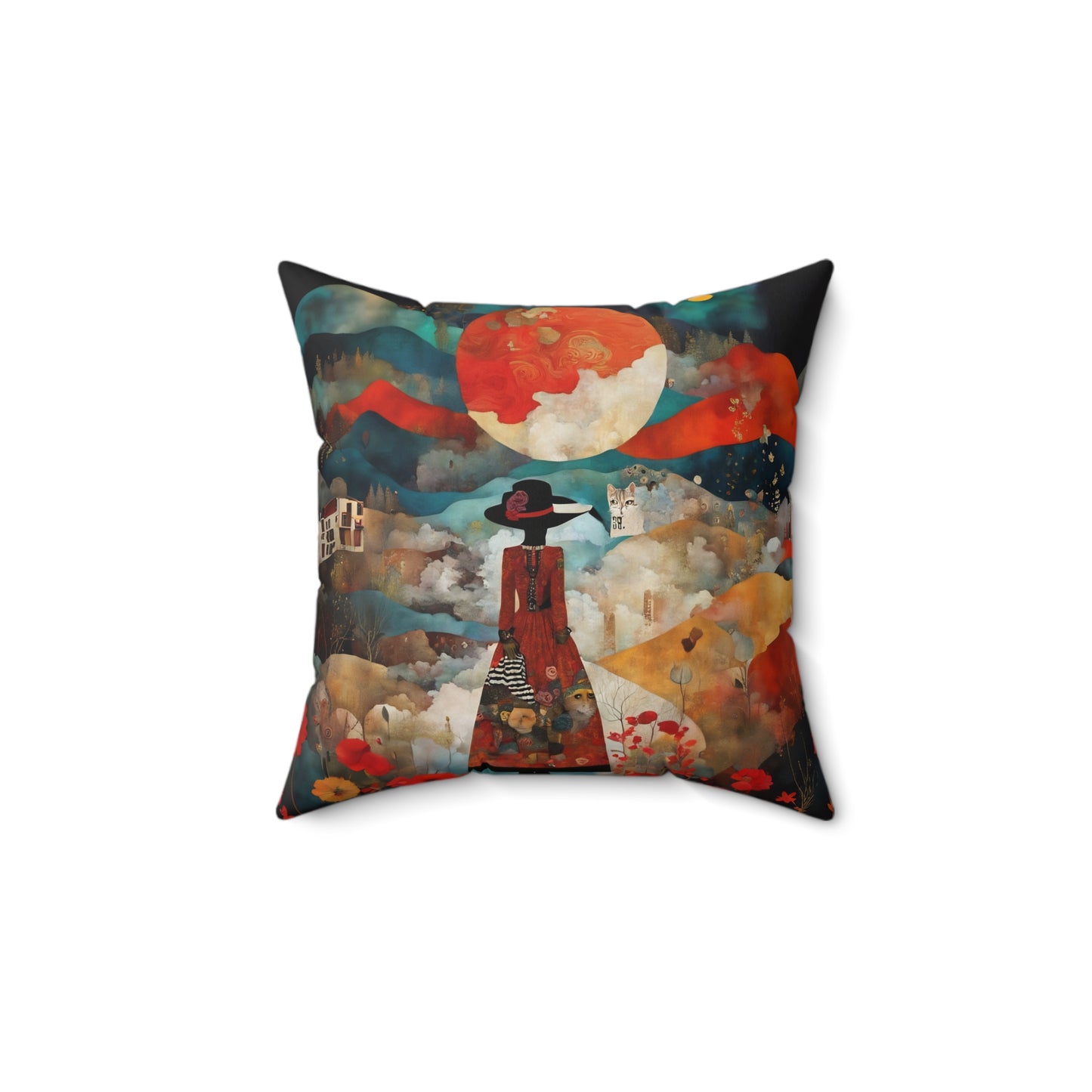 Moon struck/Red poppies  Square Pillow - by Fairyhill Studio