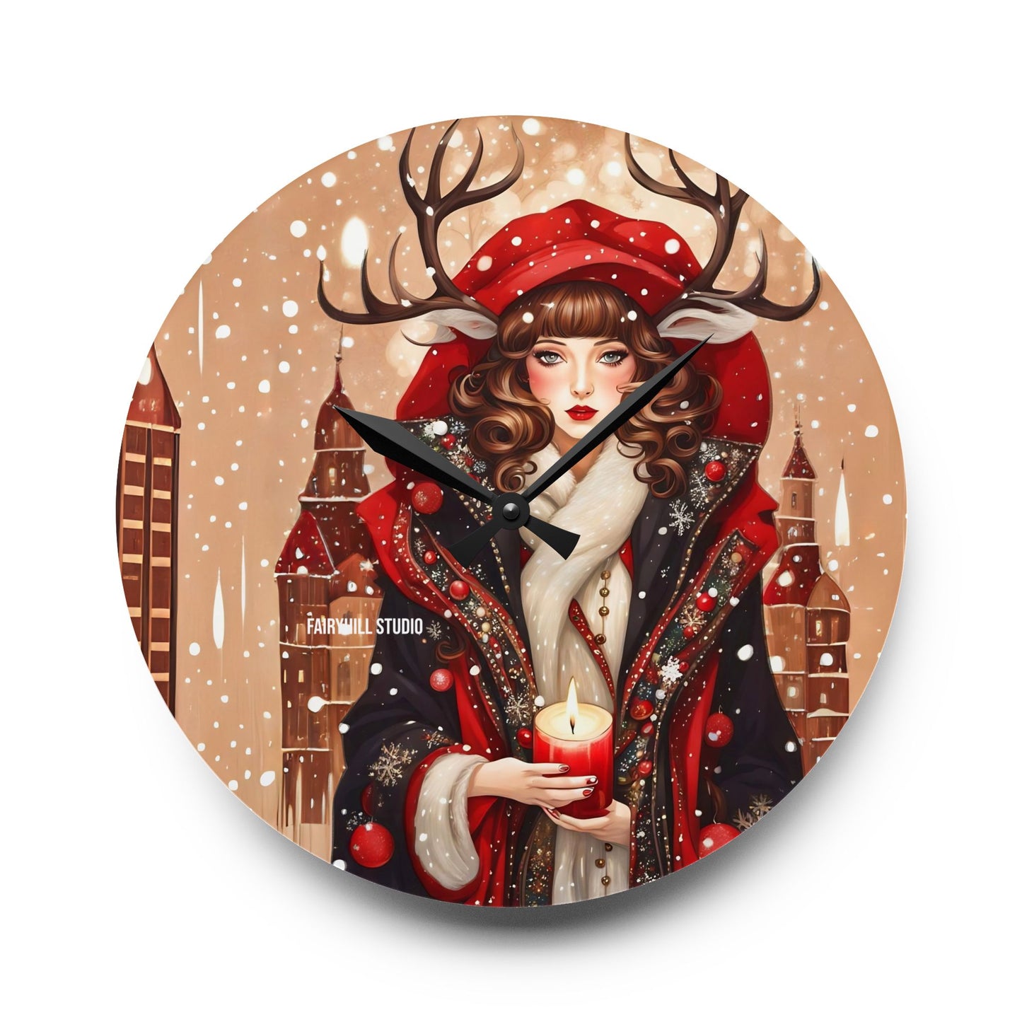 Acrylic Wall Clock -Winter Dear Girl with a Christmas Candle