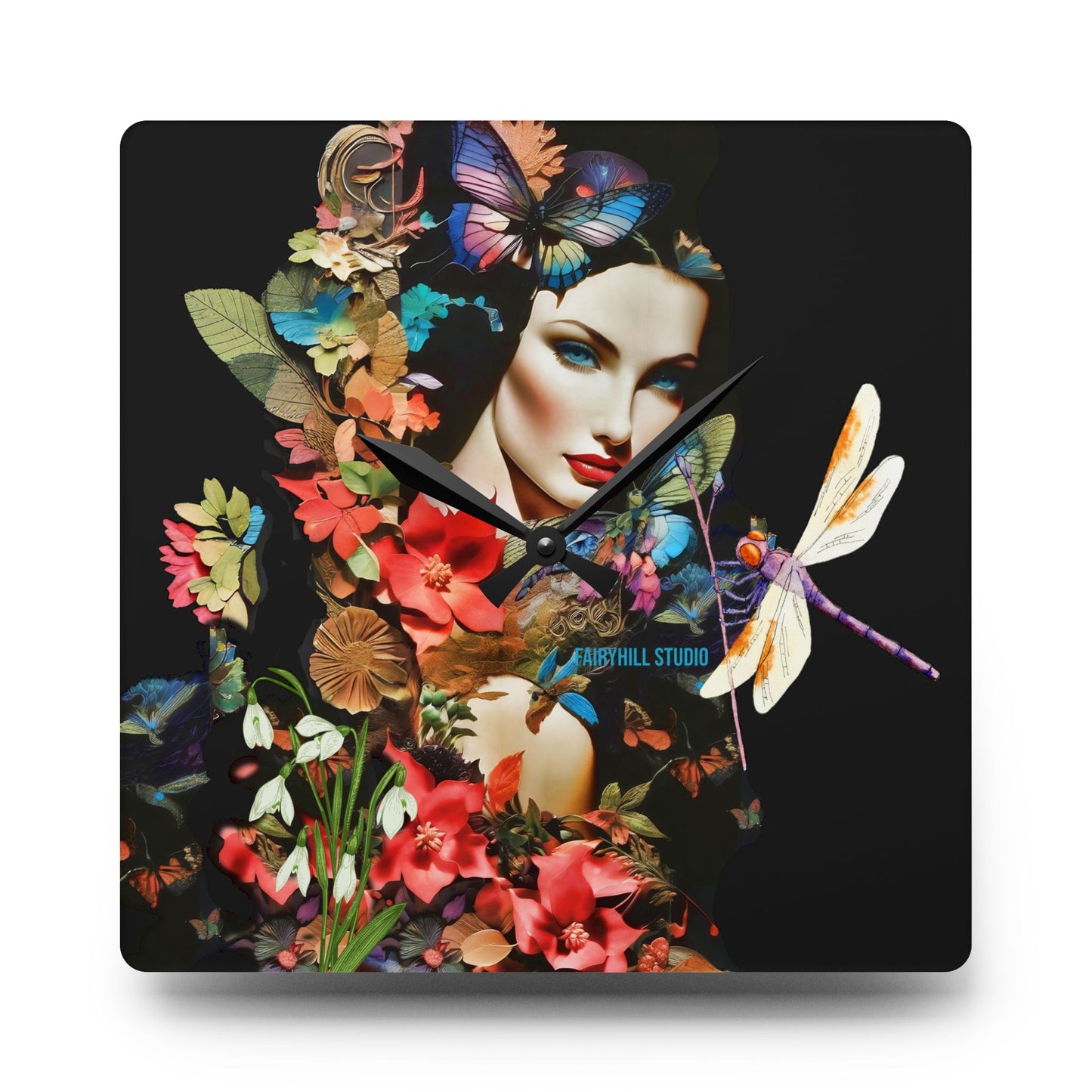 Acrylic Wall Clock -Lady in Nature with a Dragonfly /Art