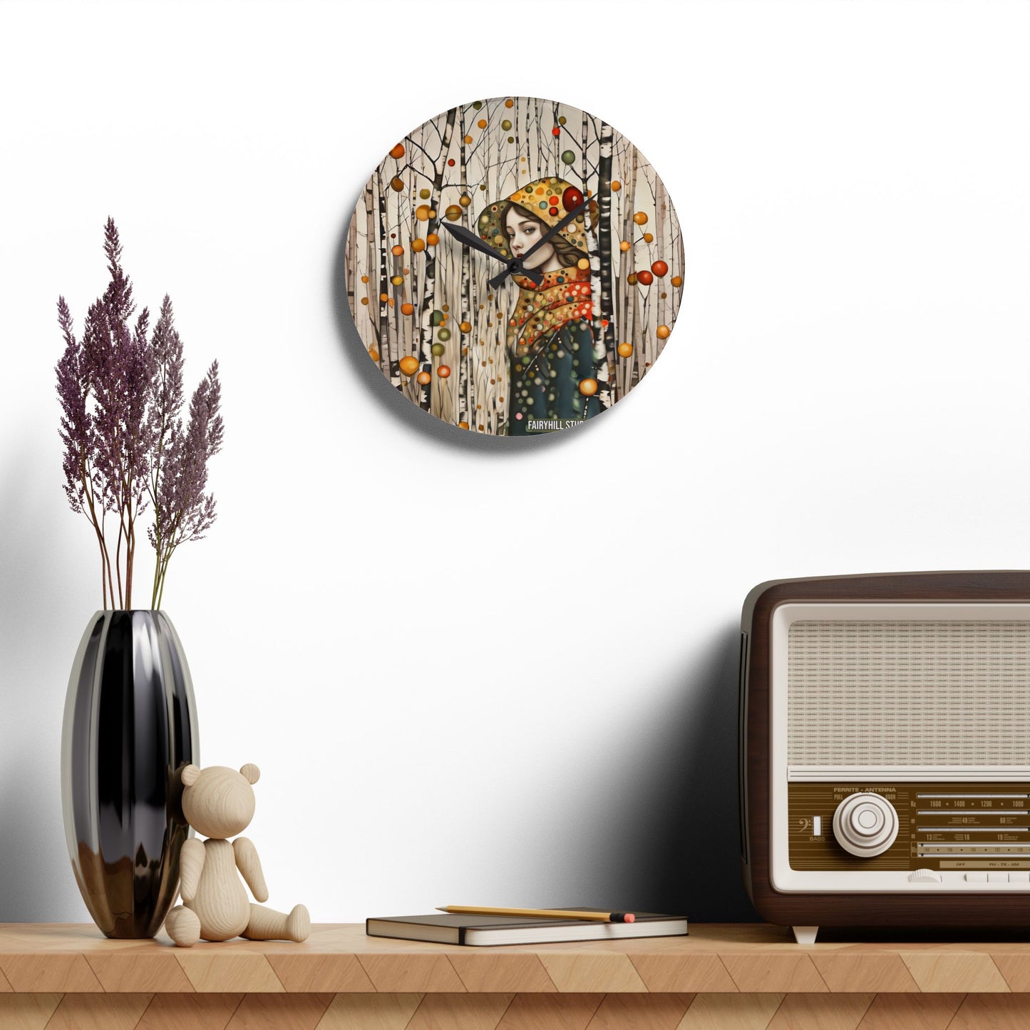 Acrylic Wall Clock - Autumn Girl in Birch Forest Art by Fairyhill Studio
