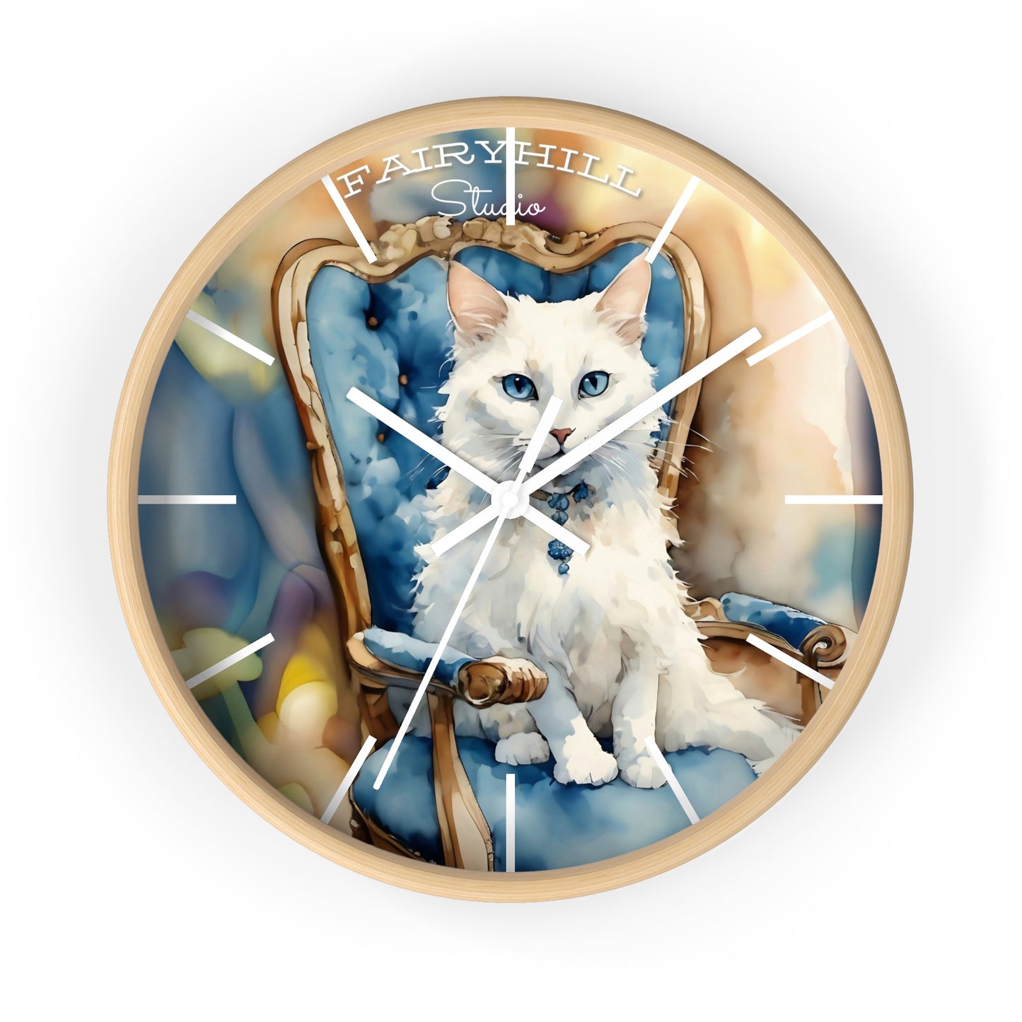 Fairy Hill Studio" White cat "  Wall Clock