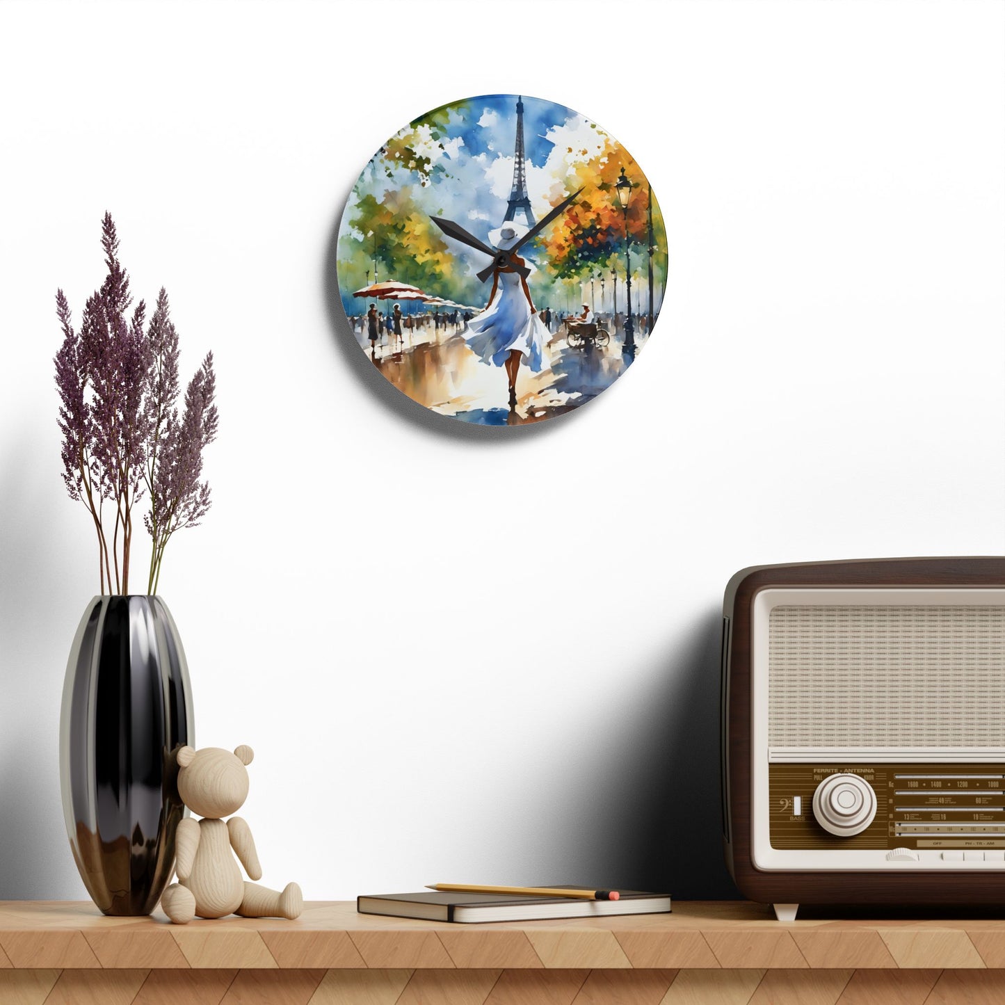 Acrylic Wall Clock - Woman in White in Paris Art Fairyhill