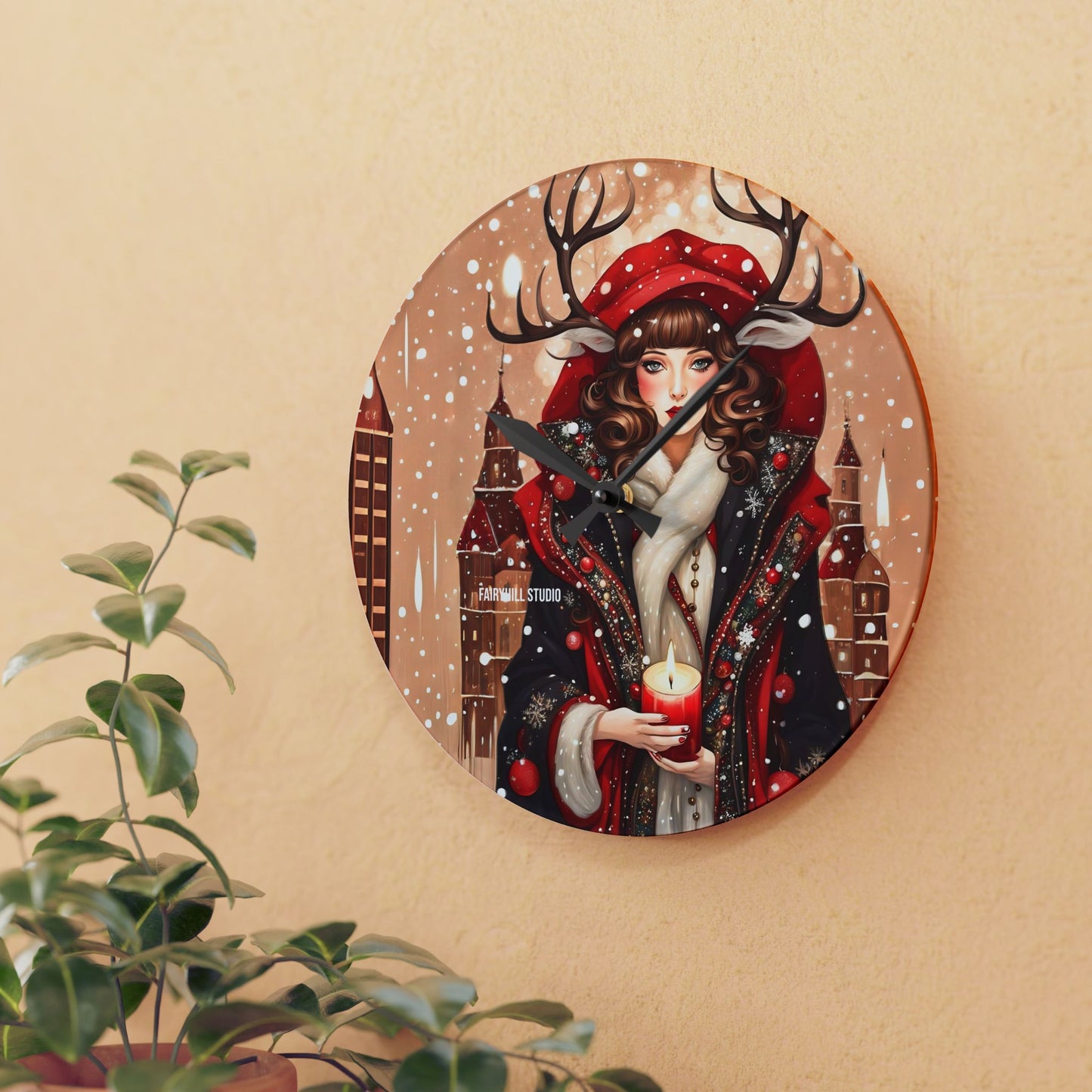 Acrylic Wall Clock -Winter Dear Girl with a Christmas Candle