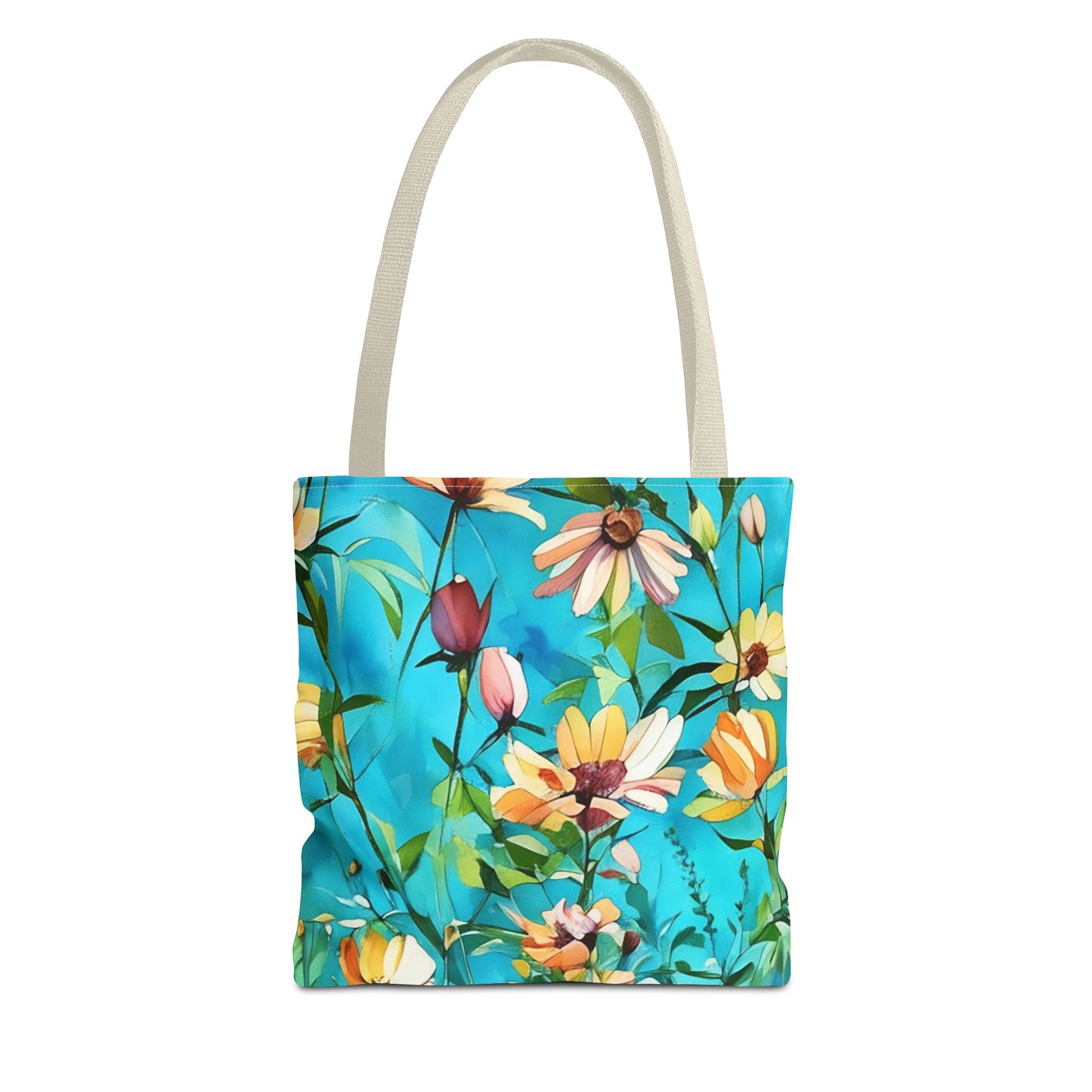 Floral Tote Bag with Wild Peach Color Flowers on Aqua Background