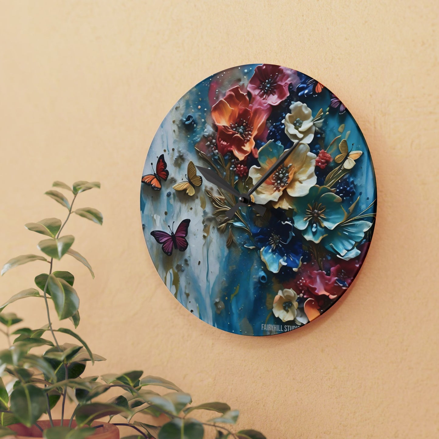 Acrylic Wall Clock - Impasto Flowers