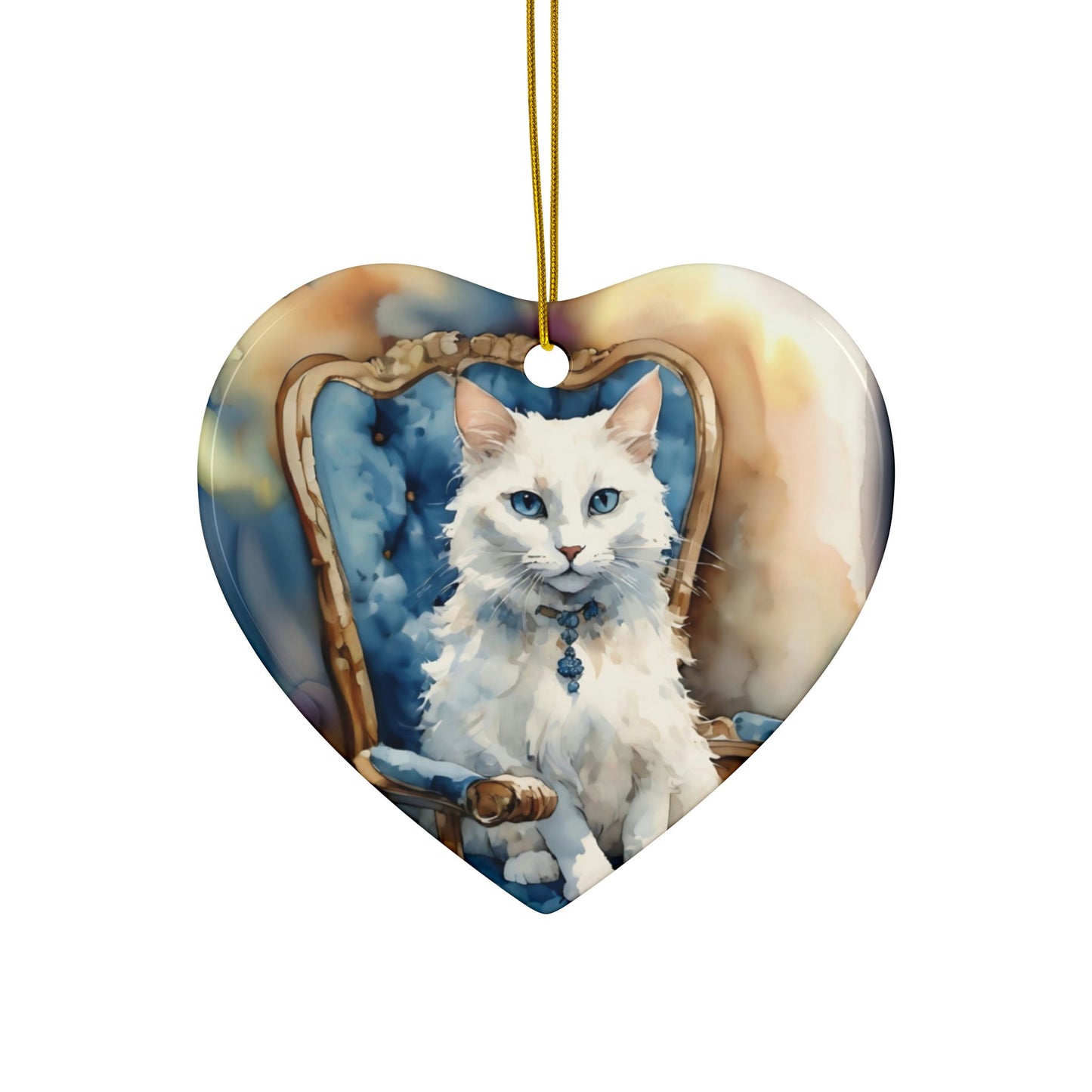 Ceramic Ornaments - White Cat on Blue Chair - 2-Side Print - Holiday Decor
