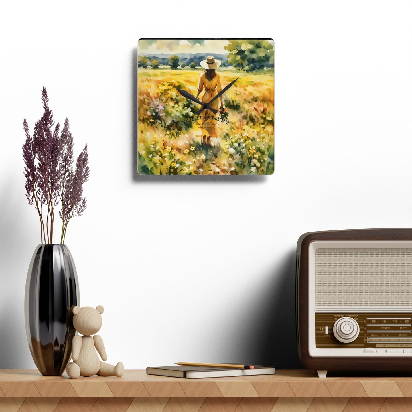 Acrylic Wall Clock - Serenity Elegant Woman in Daffodils Field Art