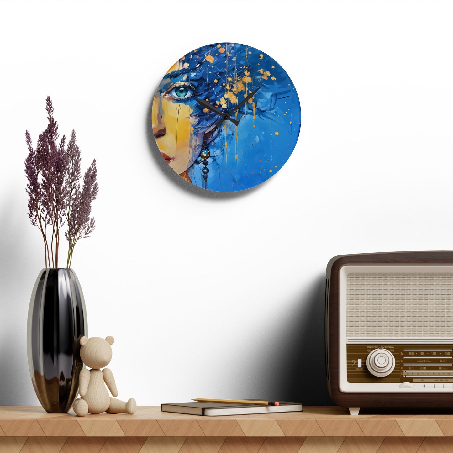 Acrylic Wall Clock Blue and Gold Abstract Woman Art