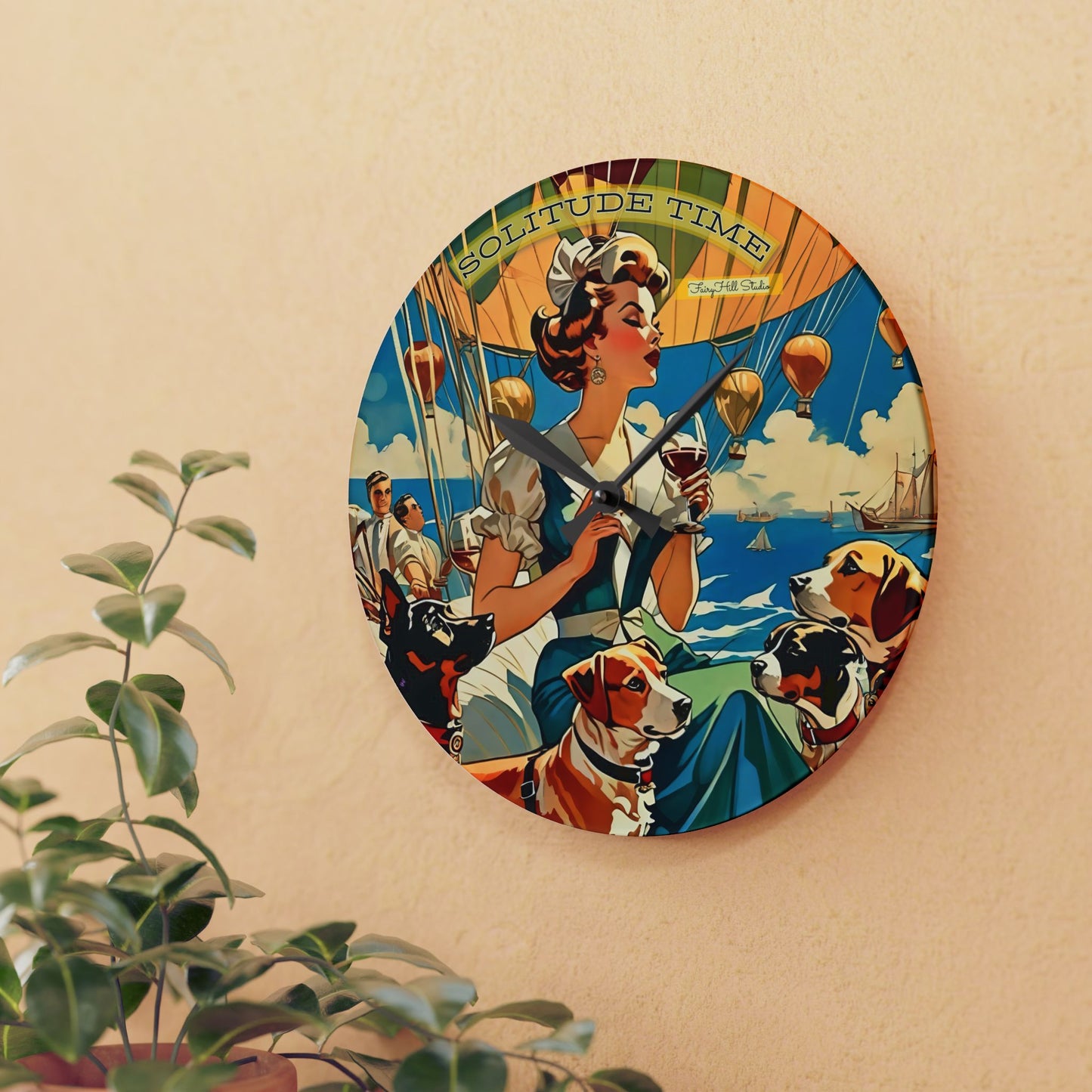 Wall Clock Vintage Nautical Art Woman and Dogs