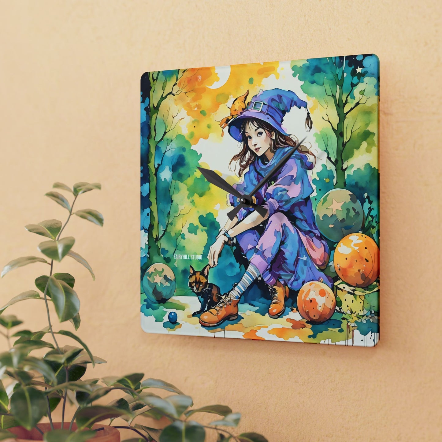 Acrylic Wall Clock -Girl with cat Art