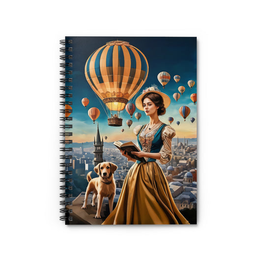Spiral Notebook - Hot Air Balloons and Victorian Girl Reading with Dog