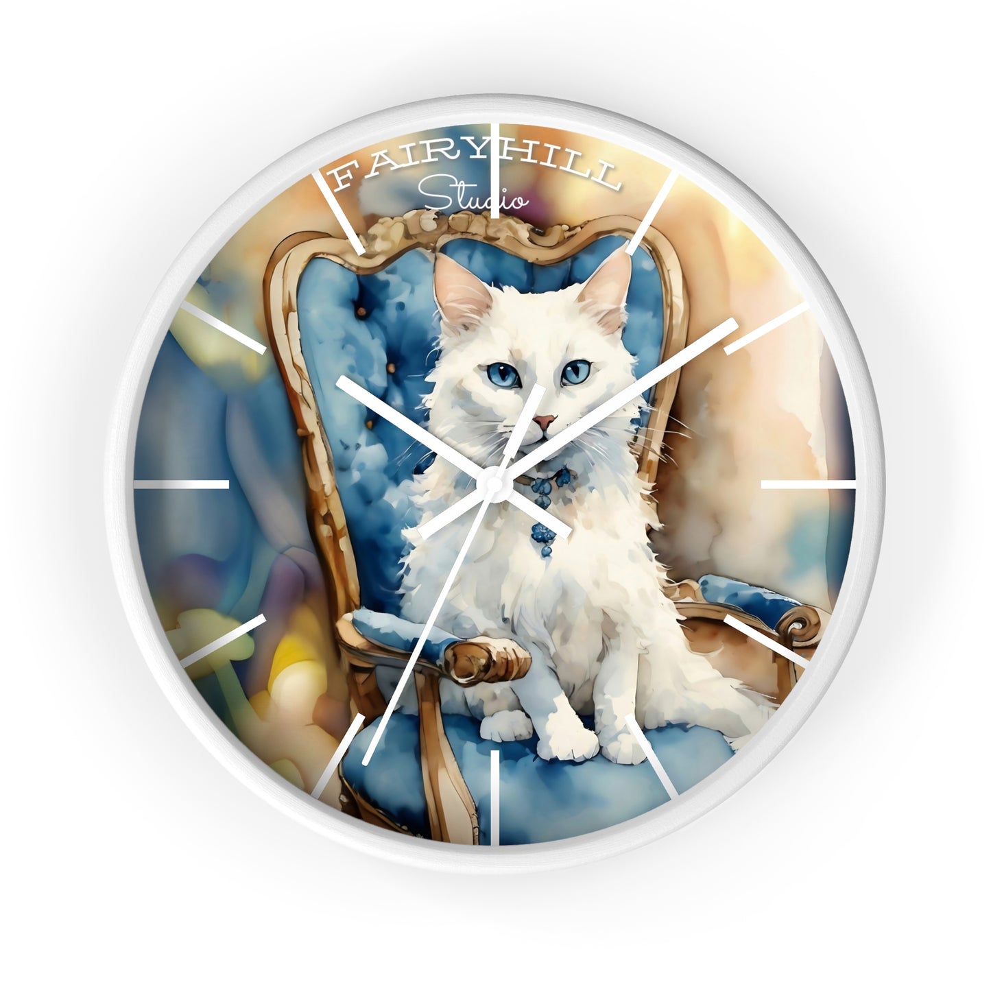 Fairy Hill Studio" White cat "  Wall Clock
