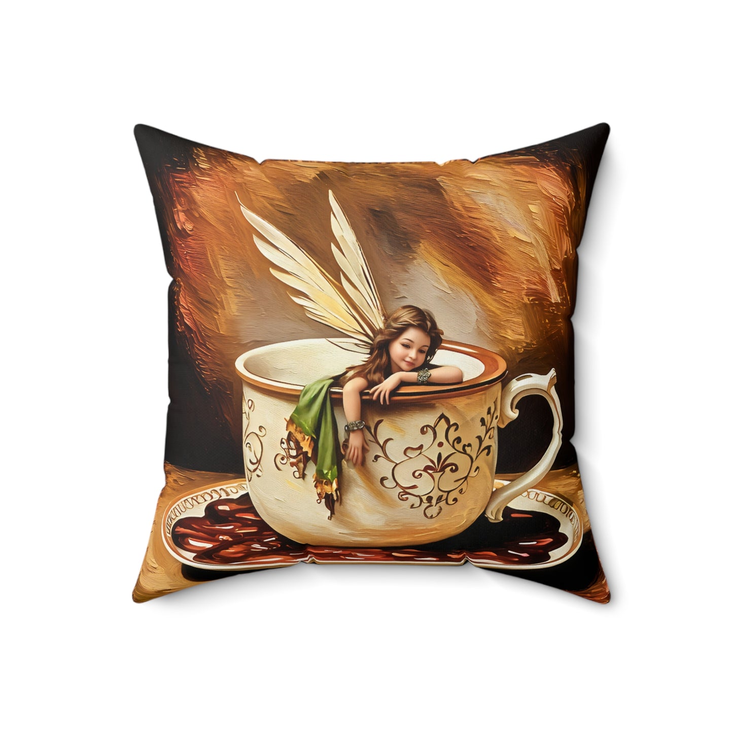 Square Pillow - Coffee Cup Fairy Spun Polyester Pillow for Coffee and Hot Chocolate Lovers