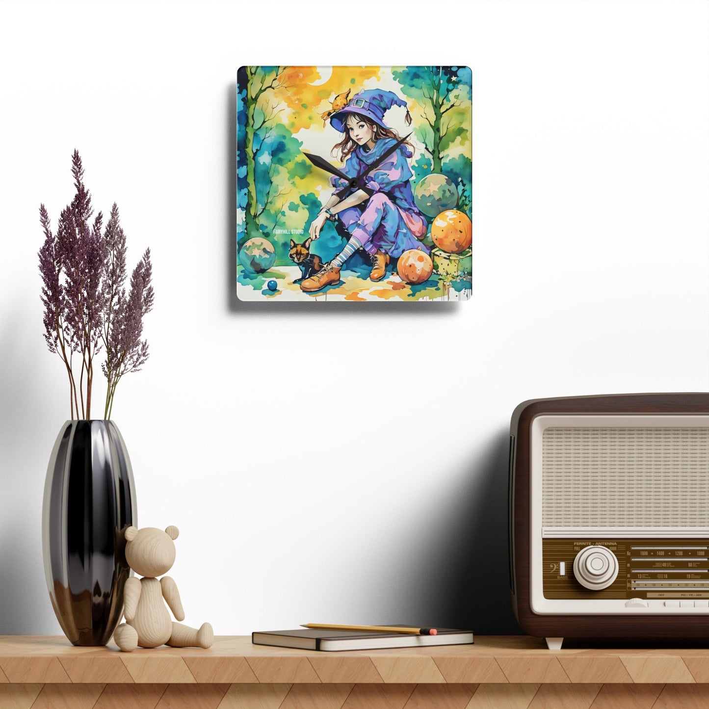 Acrylic Wall Clock -Girl with cat Art