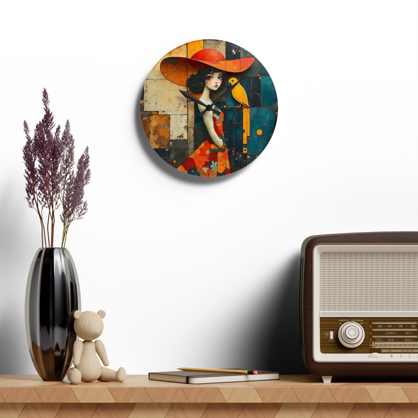 Girl with a yellow parrot Acrylic Wall Clock