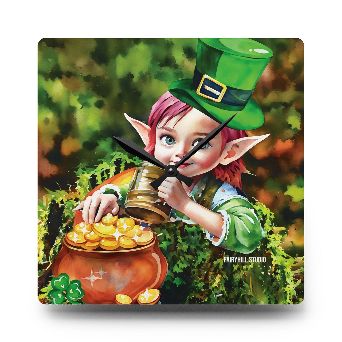 Acrylic Wall Clock Irish Elf with pot of gold/Art