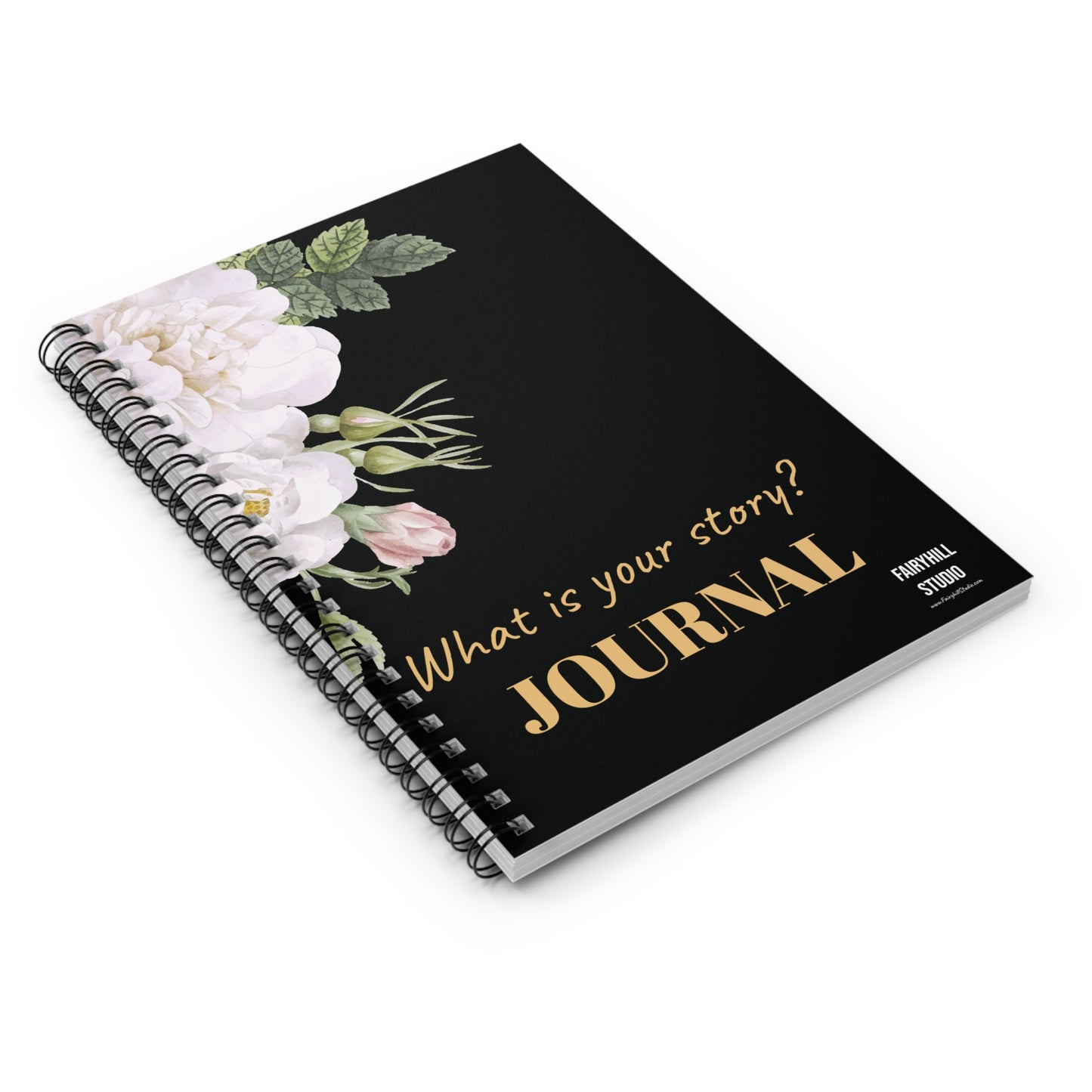 Ruled Line Spiral Notebook - Personalized White Roses on Black Background