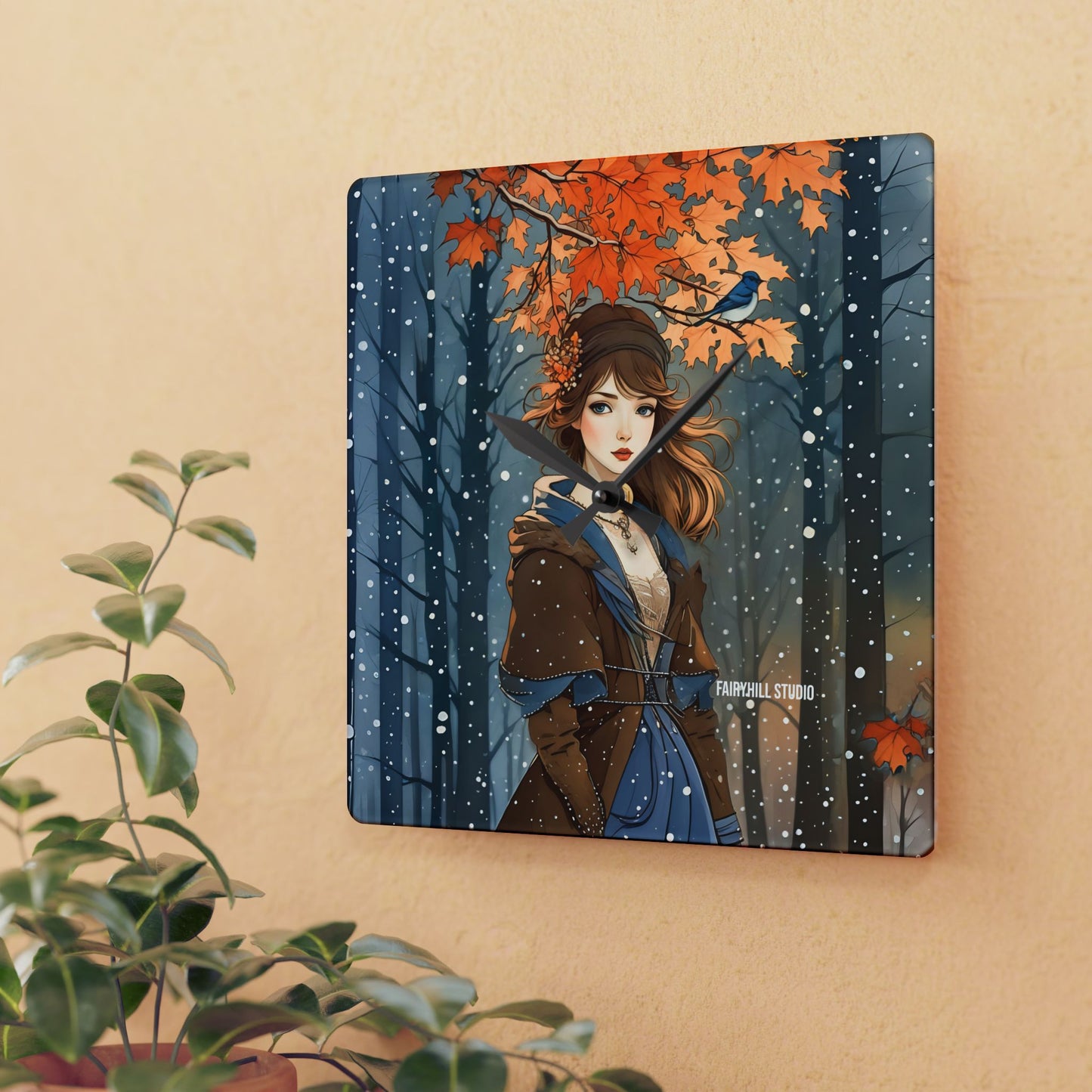 Acrylic Wall Clock - Blue Bird and Girl in Winter Clothing - Autumn to Winter Snow Theme