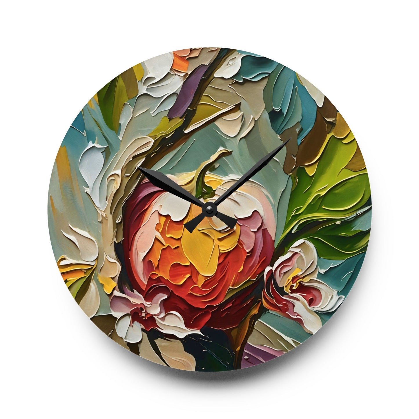 Wall Clock - Apple and Apple Flowers Impasto Art by Fairyhill Studio