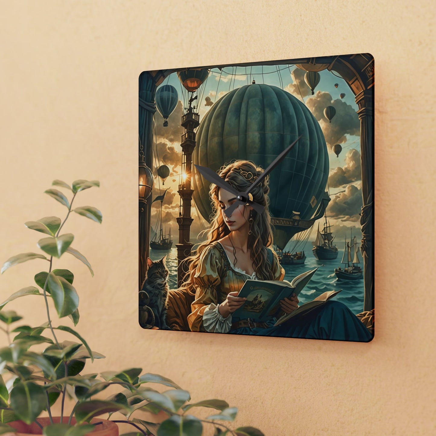 Hot Air Balloons and Girl reading a book to a cat  Acrylic Wall Clock