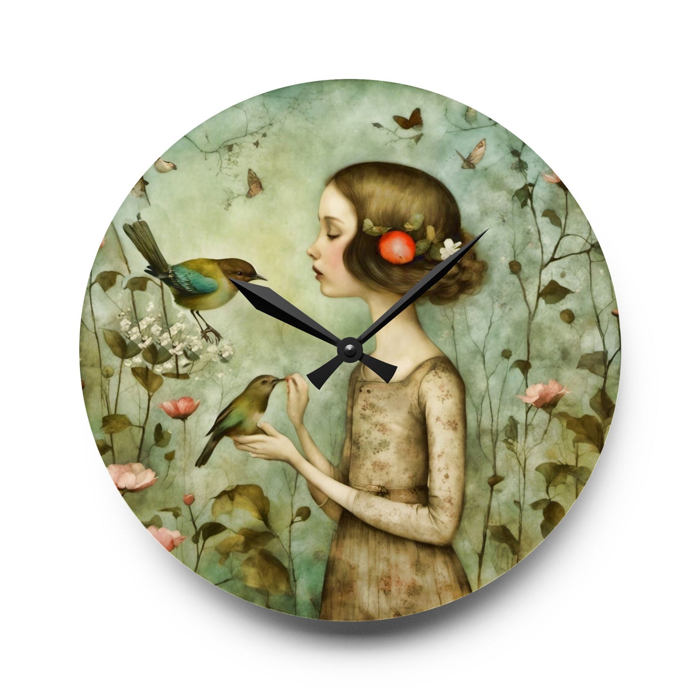 Acrylic Wall Clock - Meditative Girl with Song Birds Artwork